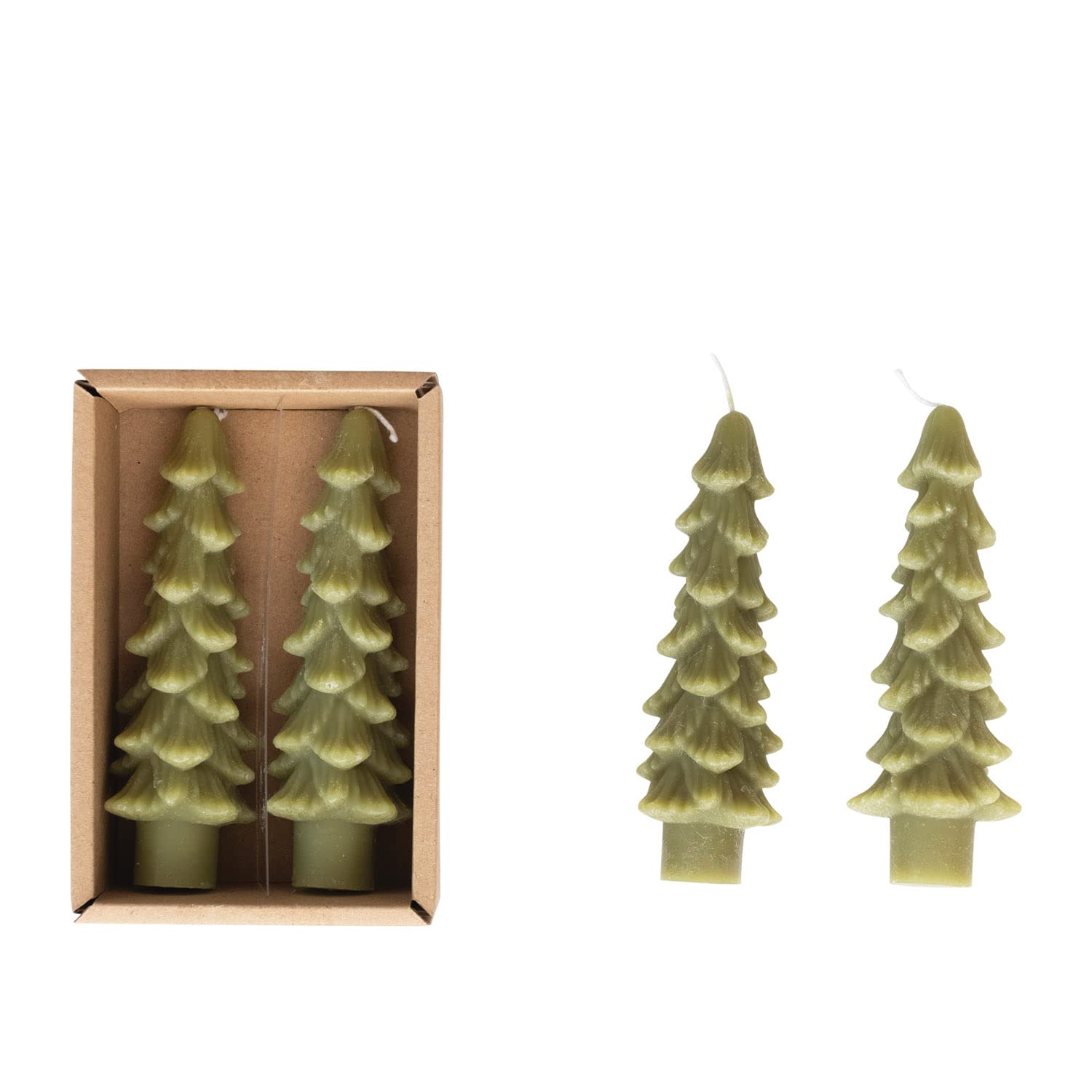Creative Co-Op Unscented Cedar Green Tree Shaped Taper Candles - Set of 2 Boxed Candles for Christmas Decor, Holiday Centerpieces & Winter Table Settings
