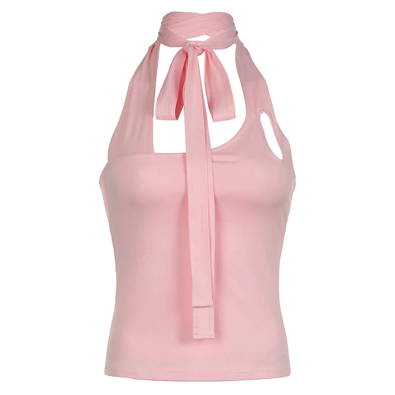 Sexy Backless Slim Pink Halter Camisole Top - Hollow Out Tie Up Korean Style Summer Crop Top for Women | Streetwear Fashion, Beachwear, Party Outfit
