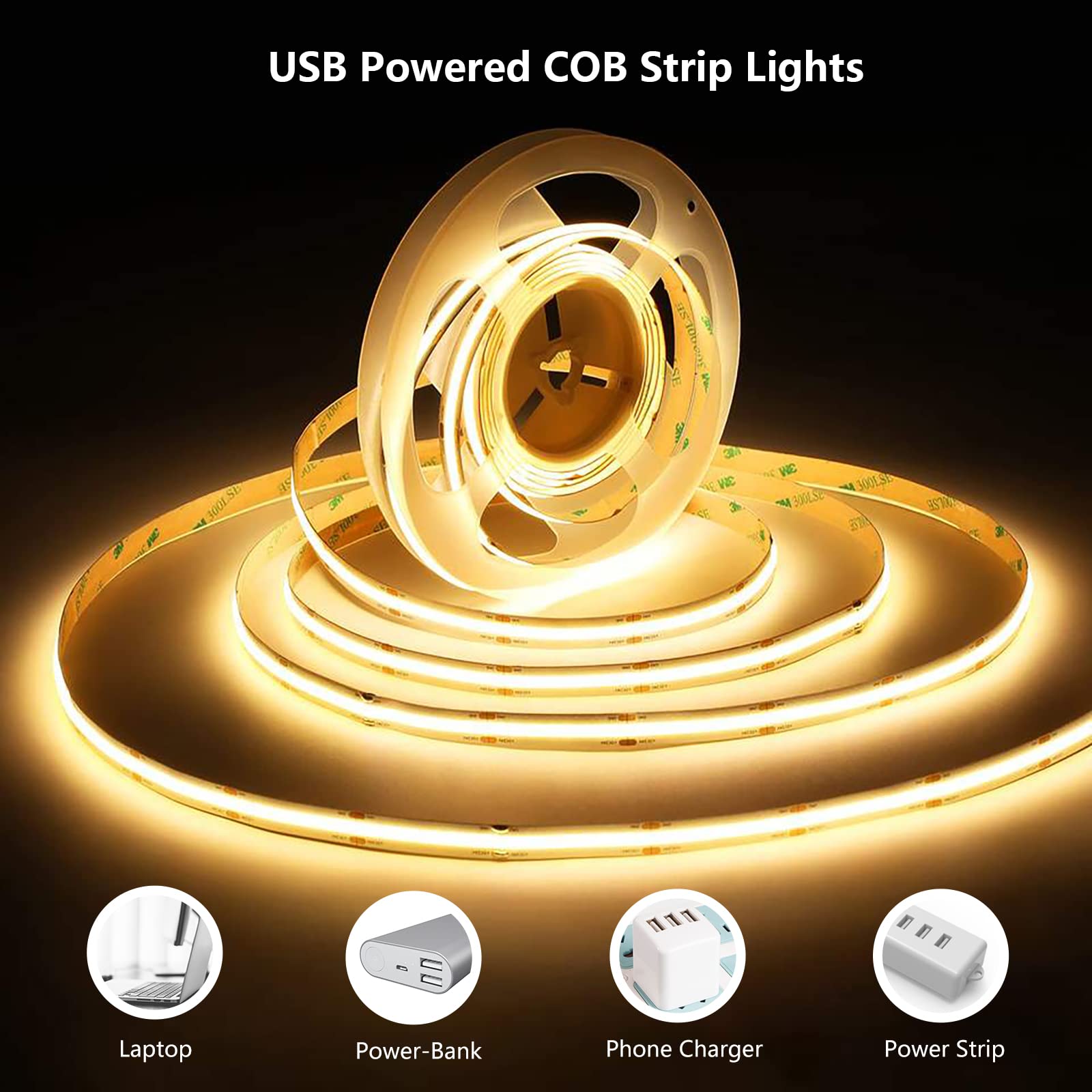 COB LED Strip Lights 10Ft 960 LEDs USB Powered - Dimmable White Rope Lights for Bedroom, TV Backlight, Living Room & Kitchen (4000K Warm White) - Perfect for Home Decor, Ambient Lighting & DIY Projects