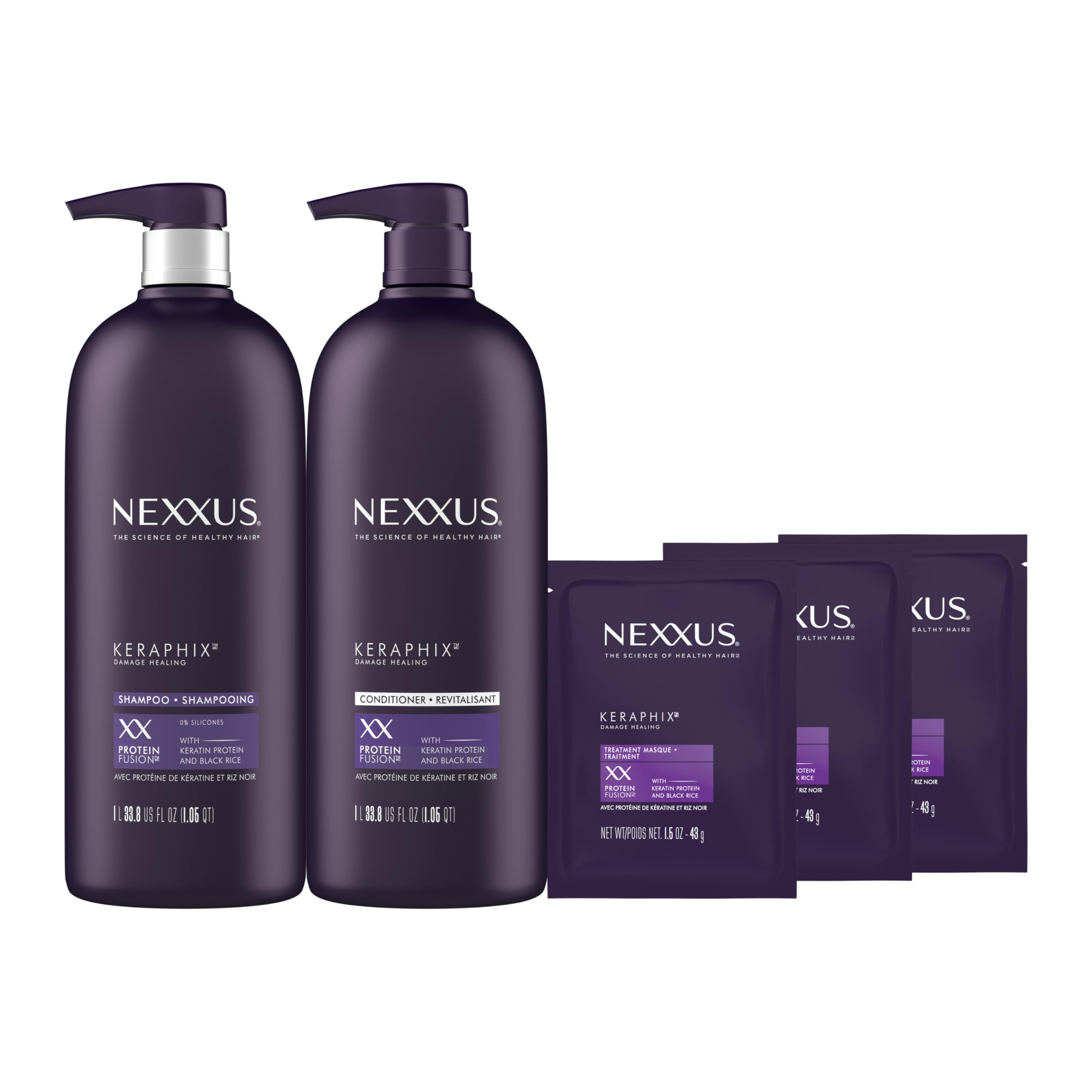 Nexxus Keraphix Shampoo & Conditioner Set - Keratin Protein & Black Rice Repair System for Damaged Hair - Includes 2 Shampoos, 3 Hair Masks (33.8 oz + 1.5 oz) - Deep Conditioning Treatment for Dry, Brittle Hair - Perfect for Salon-Quality Hair Care at Home