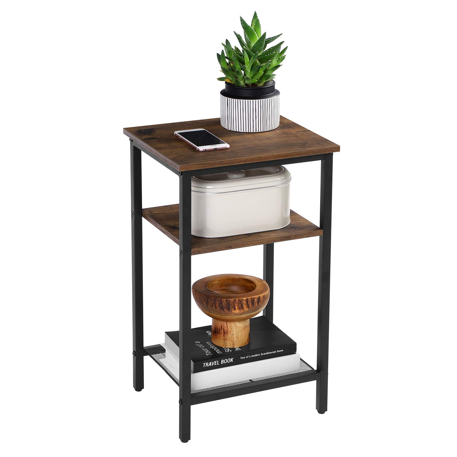 VASAGLE 2-Pack 3-Tier End Tables with Steel Frame - Nightstands & Side Tables for Living Room & Bedroom - Easy Assembly Small Space Furniture in Chestnut Brown - Perfect for Apartment, Dorm, or Office Use