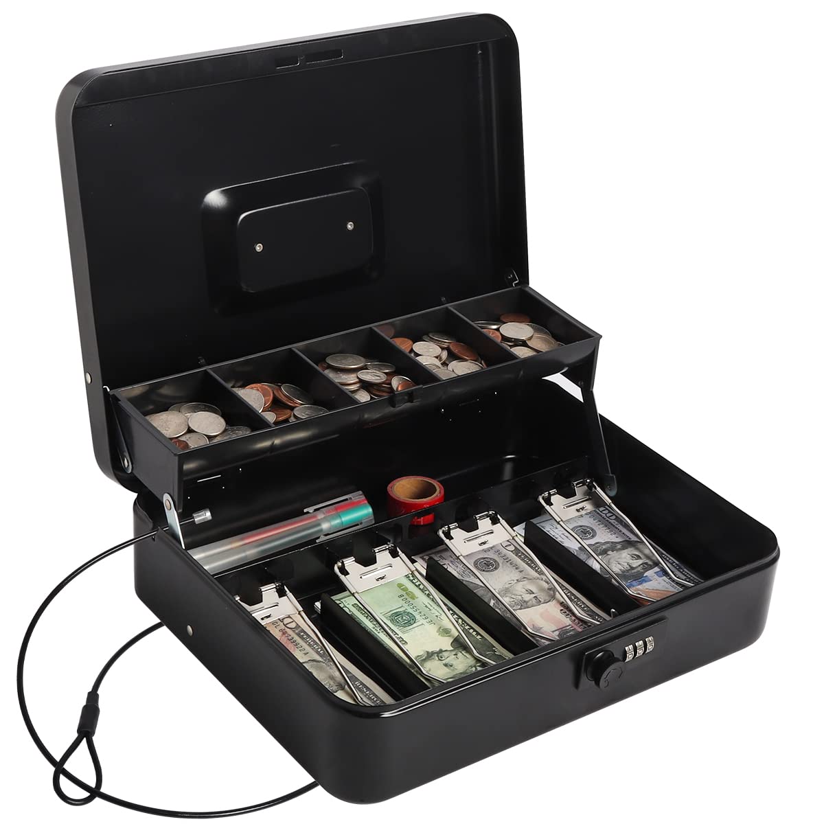 Heavy Duty Cash Box with 4-Digit Combination Lock - Secure Money Safe Box with Anti-Theft Security Cable (11.8