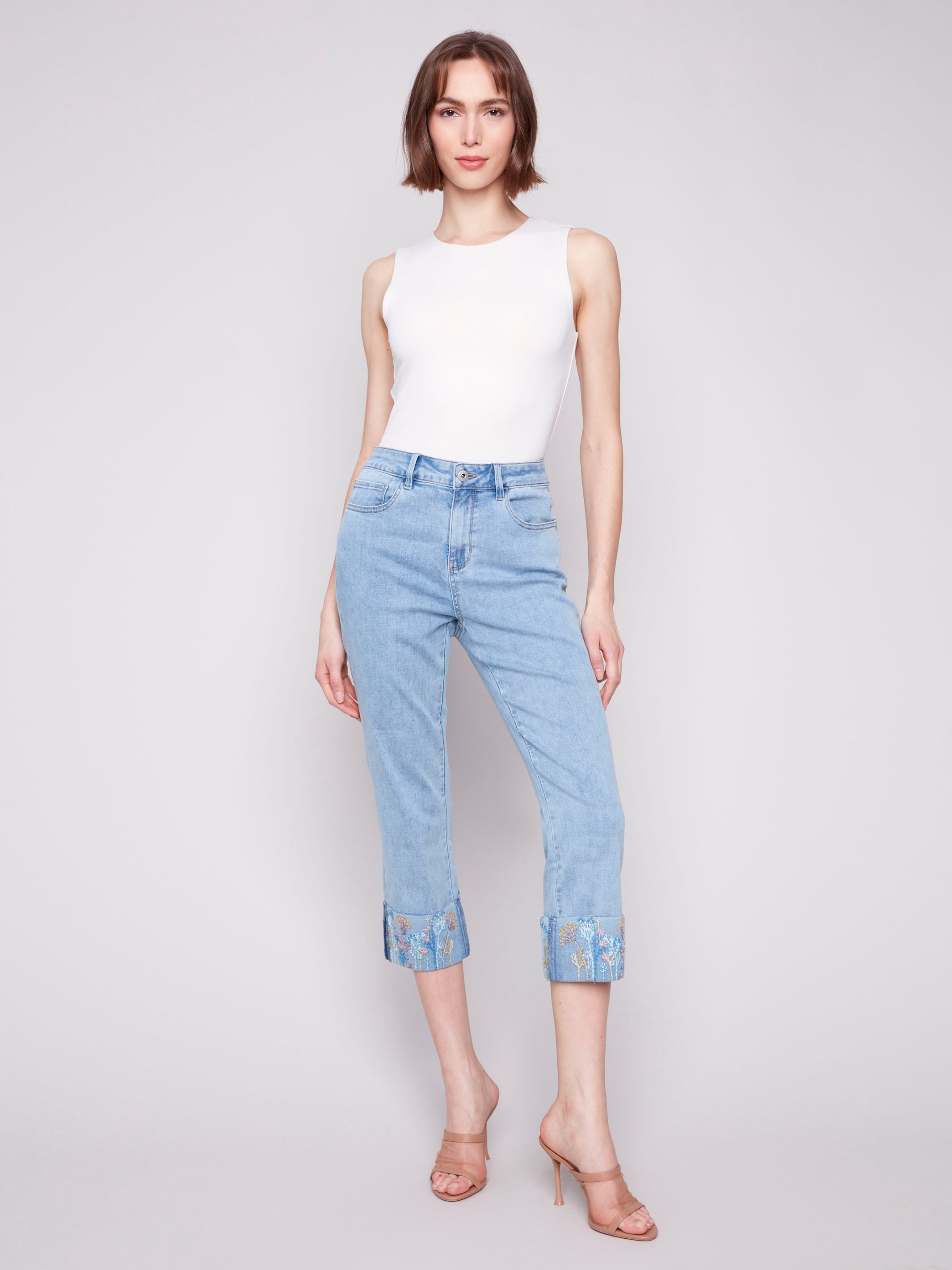 Stylish Light Blue Cropped Jeans with Embroidered Cuff - Women's High Waist Denim Pants for Casual Outfits & Summer Fashion