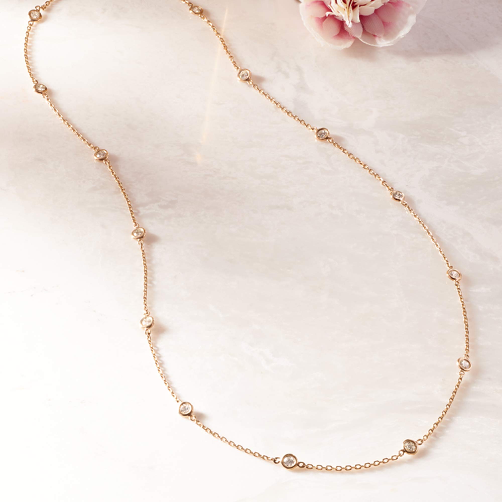 14Kt Gold Bezel-Set Diamond Station Necklace for Women - Elegant Layering Necklace for Everyday Wear, Gift for Her, Anniversary & Valentine's Day Jewelry