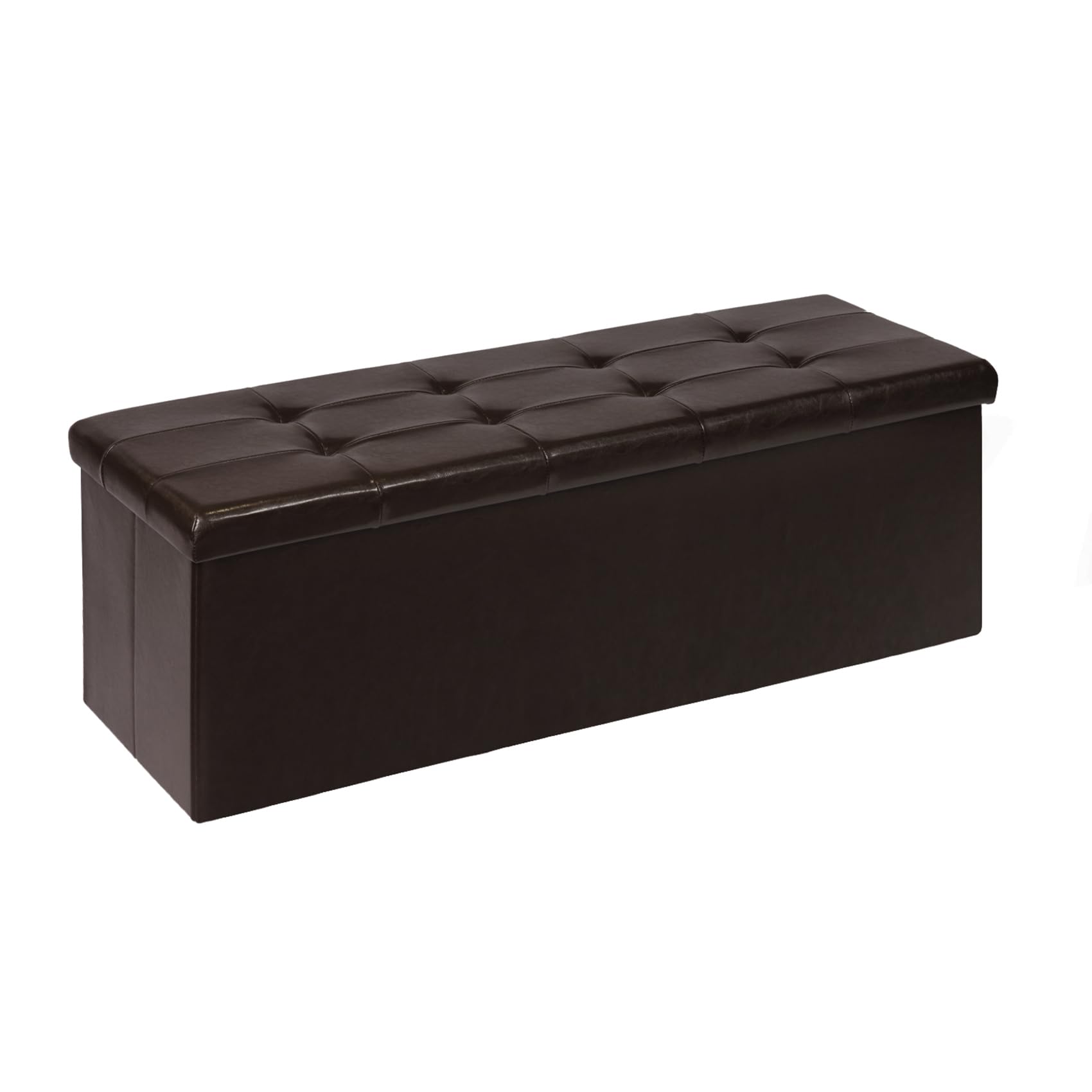 PINPLUS Folding Storage Ottoman Bench - Brown Faux Leather Footrest Seat with Hidden Storage Compartment, 43.3
