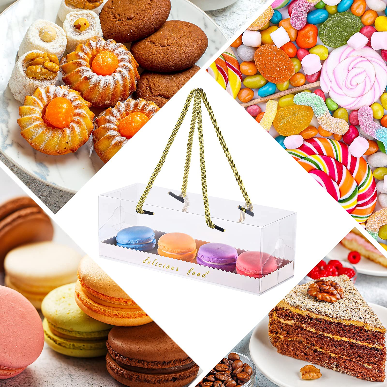 10 Pack Clear Pastry Boxes with Handle - 9x3x3 Inch Bakery Gift Boxes for Cupcakes, Cookies, Candy & Desserts - Gold Rim Ribbon Decoration - Perfect for Birthday Parties, Wedding Favors & Special Events