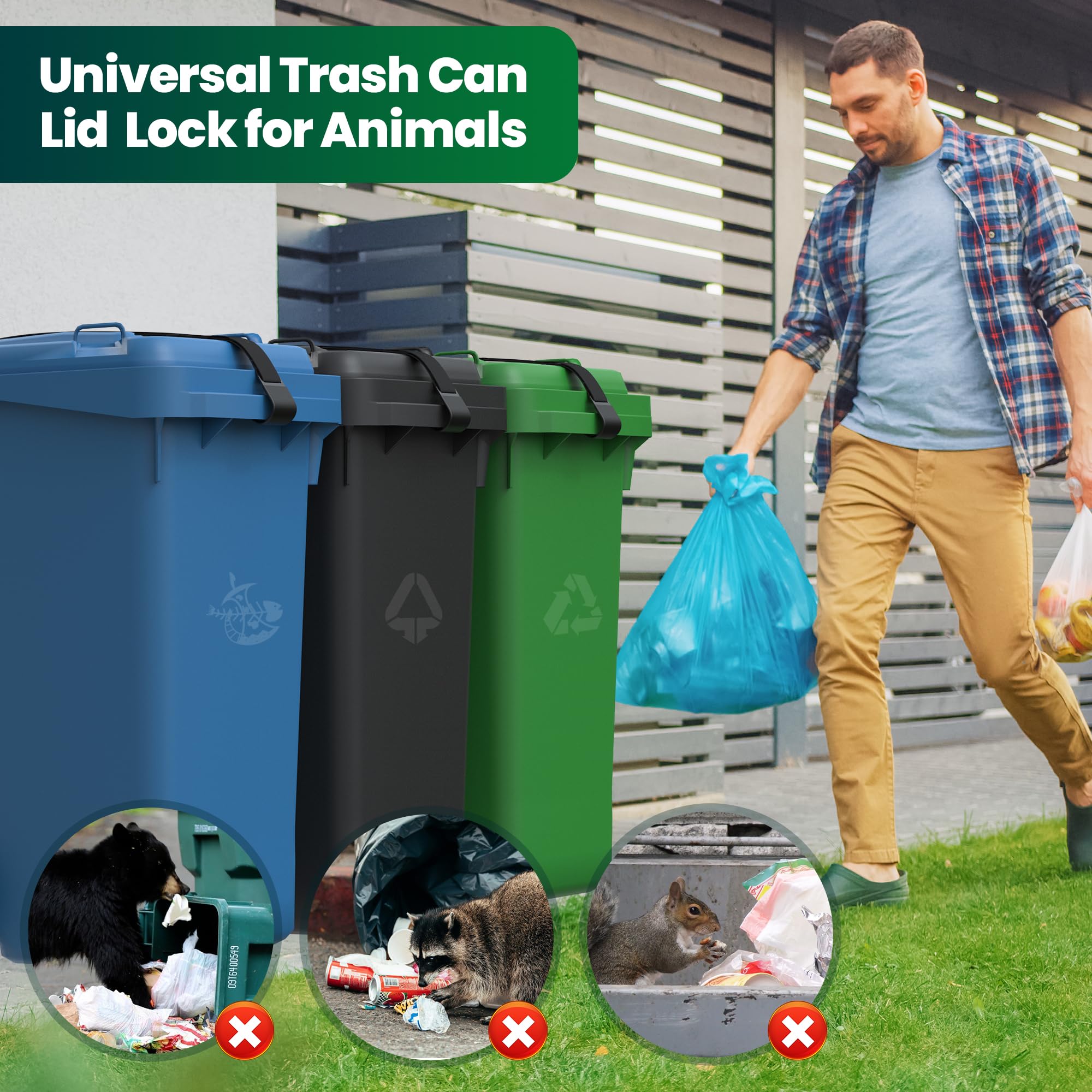 1 Pack Heavy Duty Metal Double Claw Trash Can Lid Lock - Animal Proof Outdoor Garbage Bin Lock for Raccoons, Bears & Wind Protection - Secure Bungee Cord Straps for Bear Proof Trash Cans (Black) - Perfect for Camping, Backyard & Wildlife Areas
