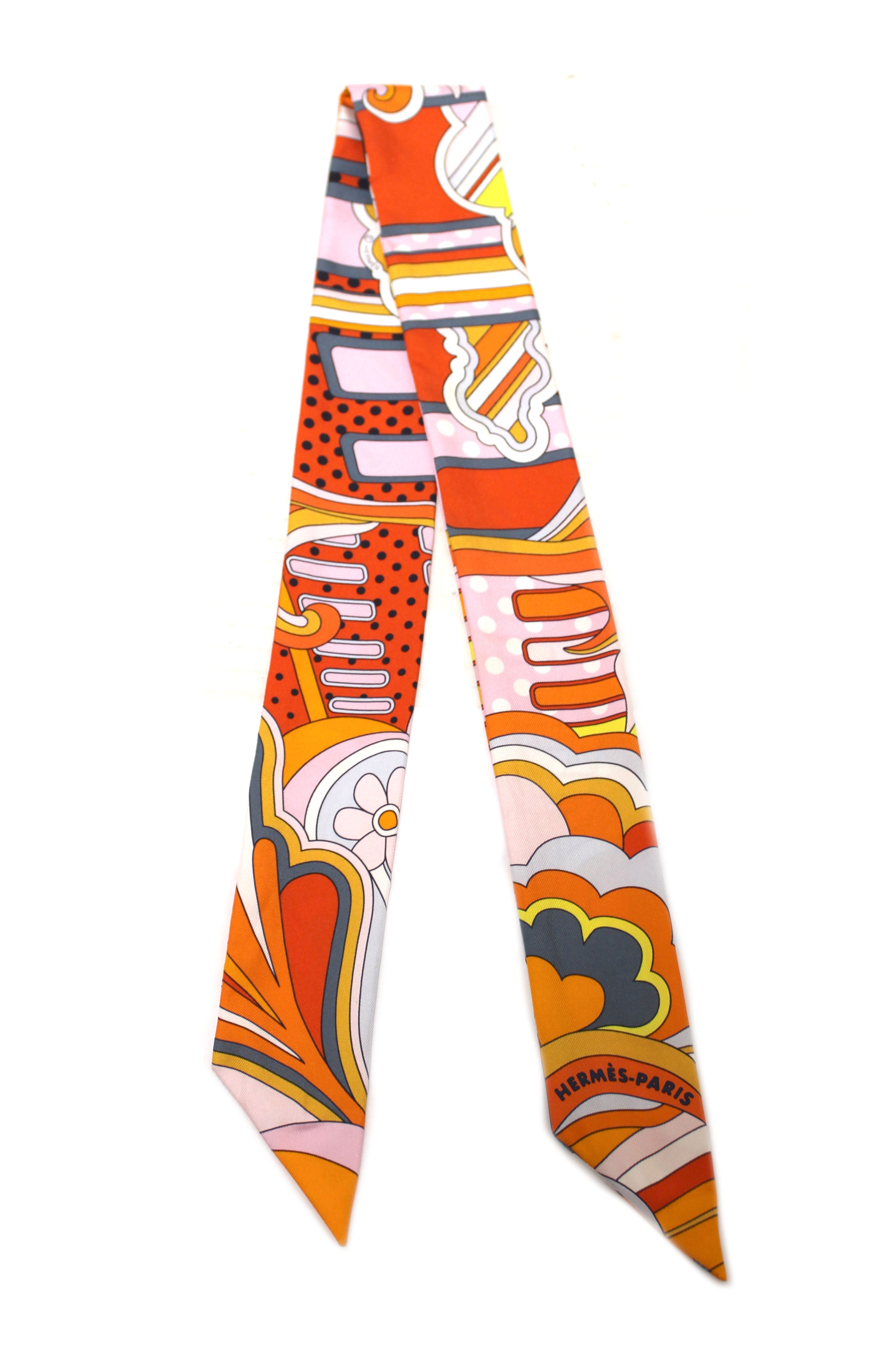 Authentic Hermes Orange Rose Silk Faubourg Rainbow Twilly Scarf - Luxury Fashion Accessory for Women, Perfect for Gifts, Parties & Special Occasions