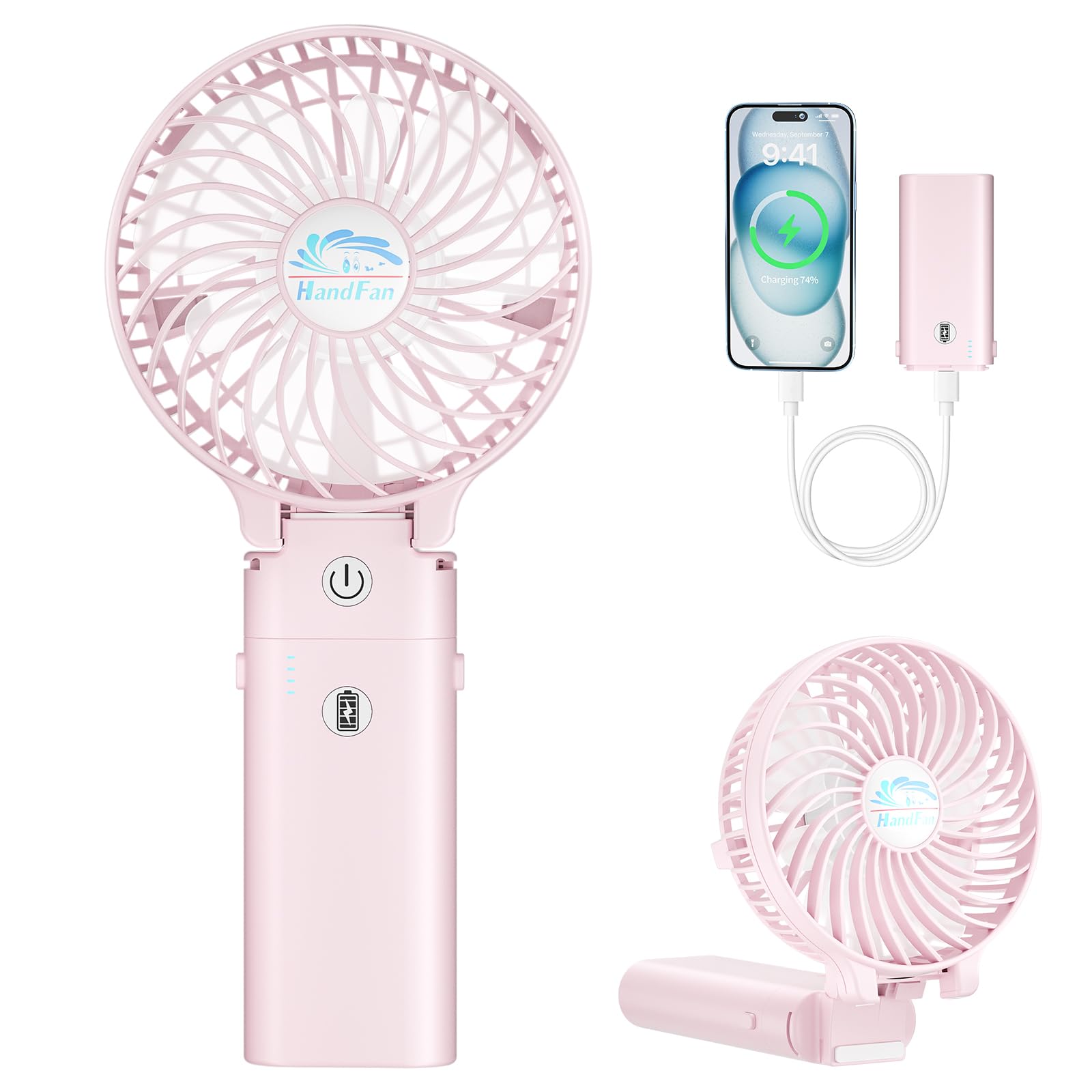 5200mAh Rechargeable Handheld Fan - 20 Hours Runtime, 3-Speed Strong Airflow, 180° Foldable Portable Personal Fan for Travel, Summer, Concerts, Lash Extensions | Perfect Gift for Women (Cherry Pink) | Stay Cool at Outdoor Events, Beach Trips & Beauty Salons