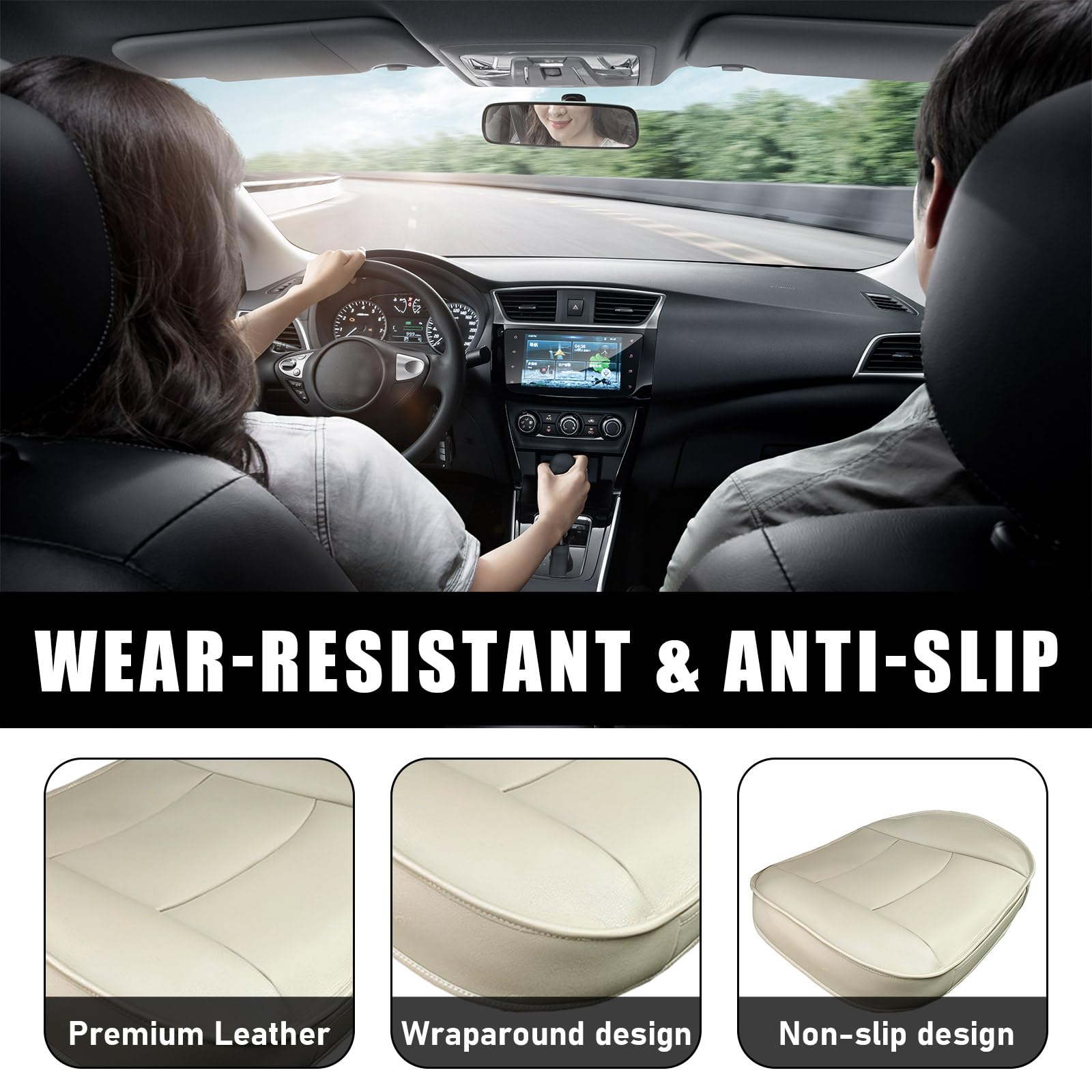 Premium PU Leather Car Seat Bottom Cover - Universal Anti-Slip Seat Protector Pad for Sedan, SUV & Truck - Protects from Wear & Spills - Perfect for Commuting, Road Trips & Family Travel (Beige)