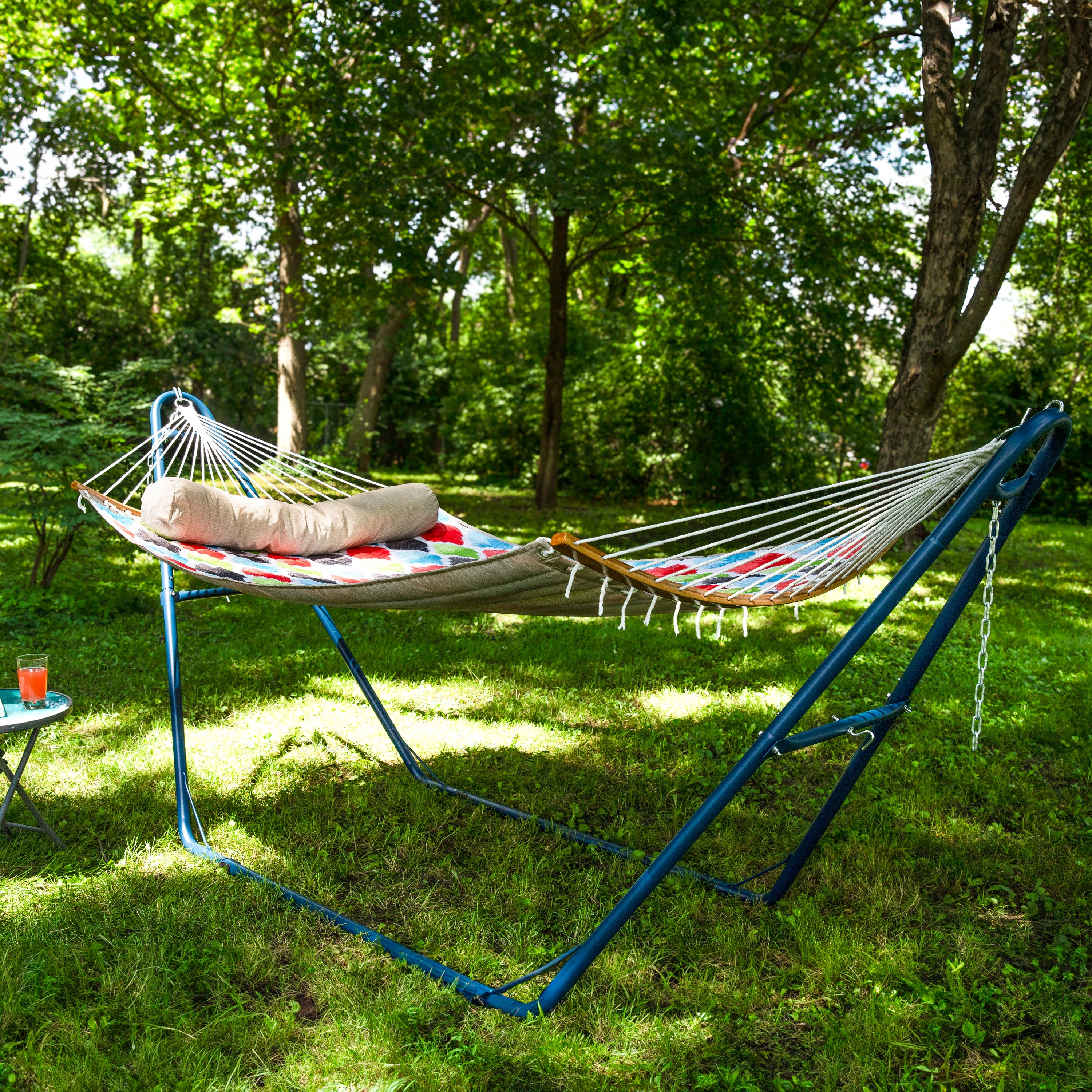 Premium Sunnydaze Quilted Outdoor Hammock with Curved Bamboo Spreader Bar & Comfort Pillow - Perfect for Backyard, Patio, Camping & Relaxation