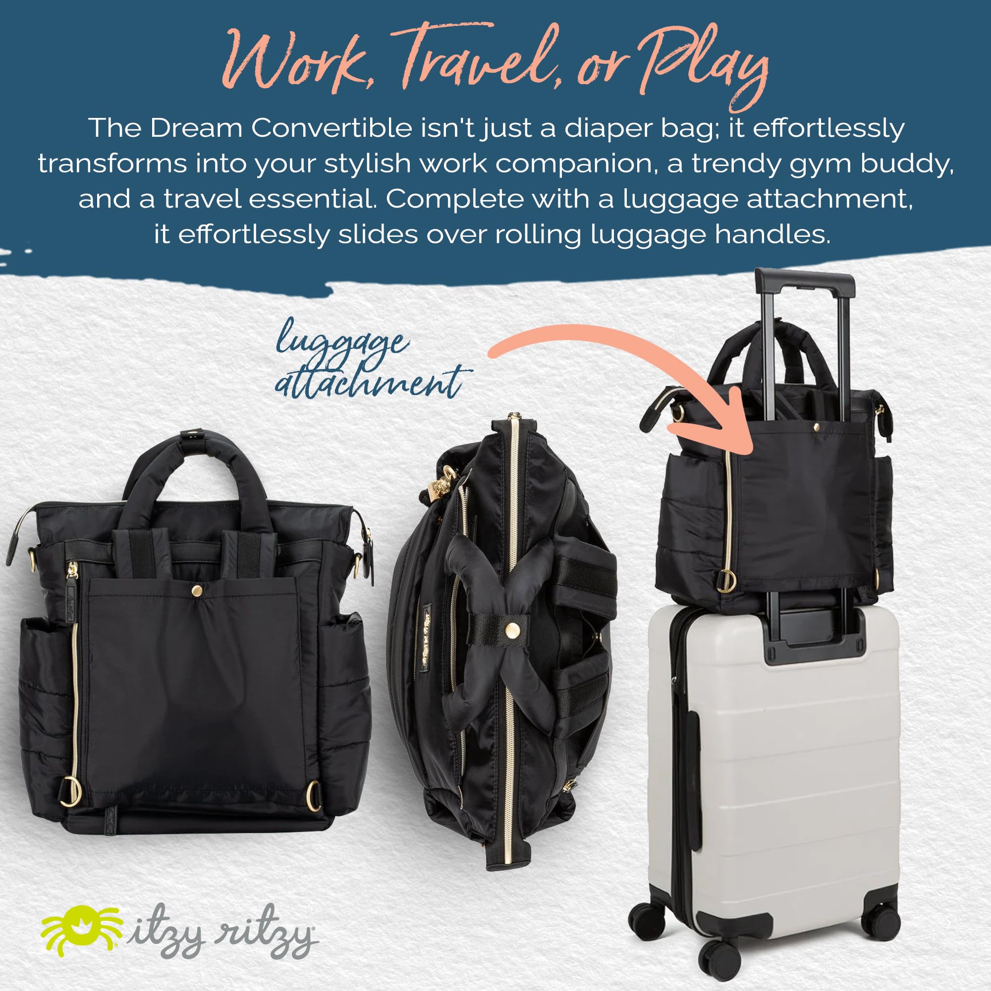 Itzy Ritzy Dream Convertible Diaper Bag - Baby Tote Backpack with 14 Pockets, Changing Pad, Insulated Bottle Holder | Perfect for Newborns & Toddlers | Stylish & Functional for Daycare, Travel & Shopping (Midnight Black)