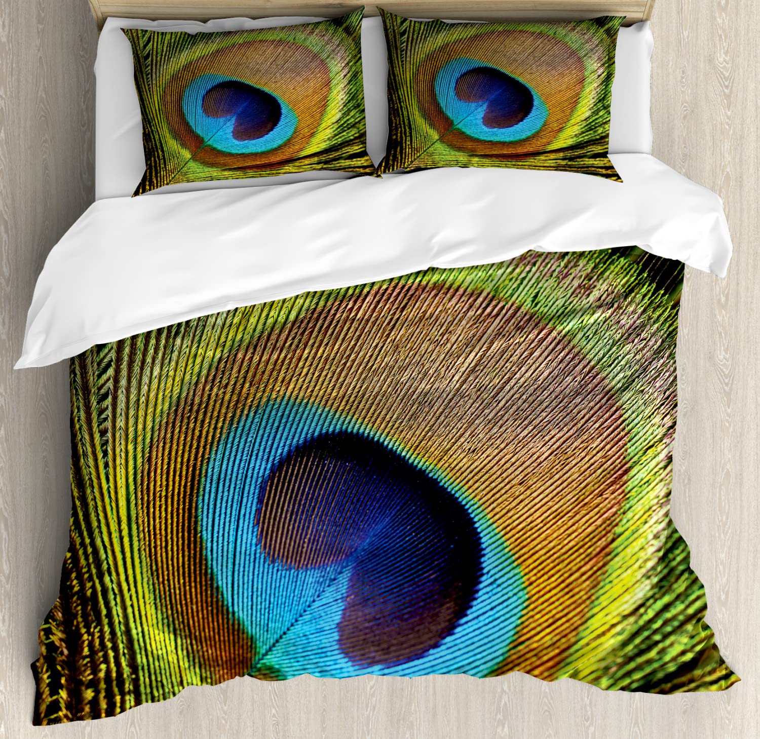 Ambesonne Peacock Duvet Cover Set - Exotic Wildlife Themed Queen Size Bedding with 2 Duvet Covers & 4 Pillowcases, Teal & Mustard Bird Feather Eye Design - Perfect for Bohemian & Luxury Bedroom Decor