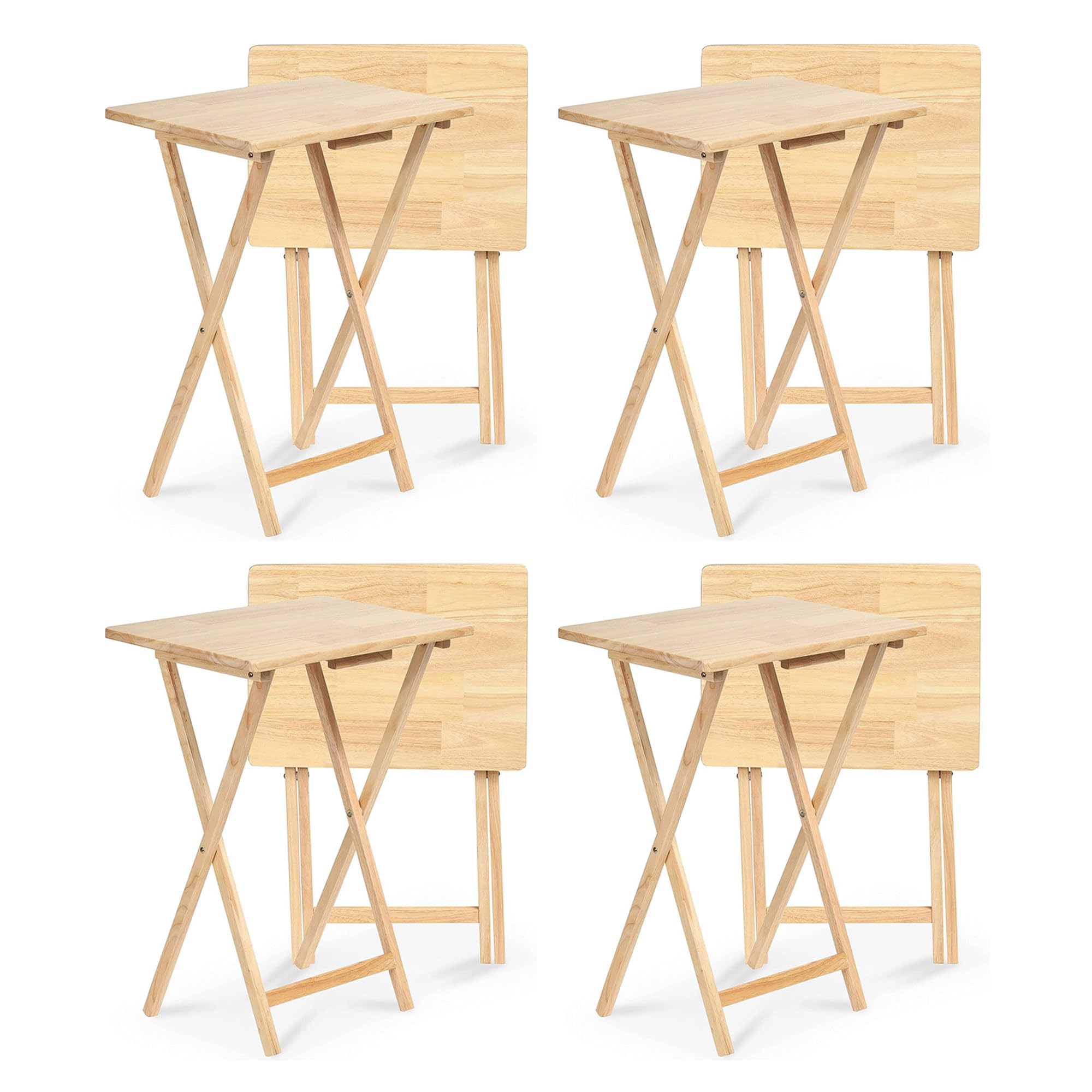 PJ Wood Rectangular Folding Portable TV Snack Serving Tray Table - Solid Wood Construction with Natural Finish (8-Piece Set) - Perfect for Movie Nights, Bedroom Snacking, and Living Room Entertainment