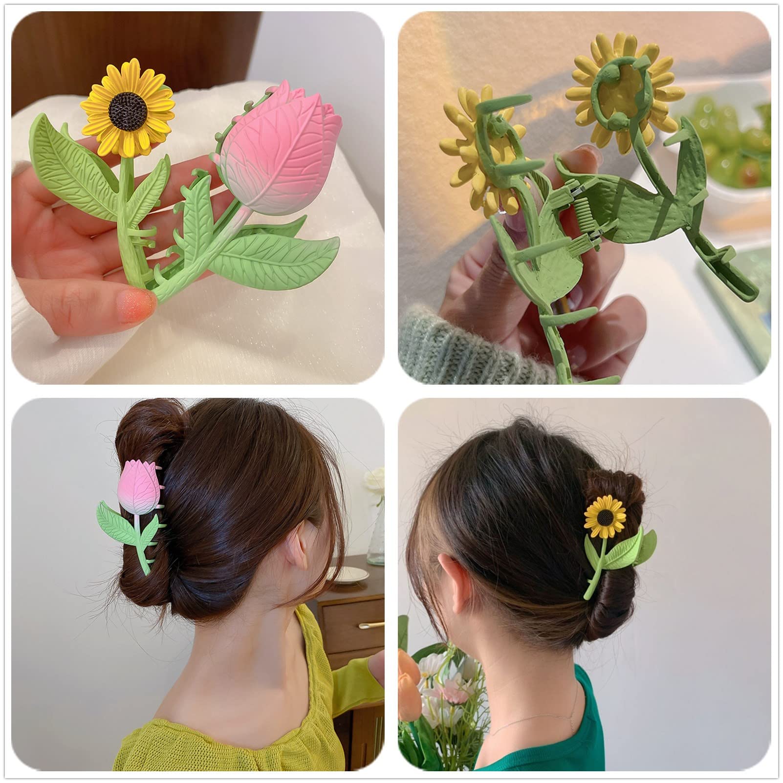 Non-Slip Large Hair Claw Clip for Women - 2PCS Sunflower & Tulip Style Strong Hold Jaw Clips for Thick Hair - Perfect for Ponytails, Buns and Everyday Hairstyles