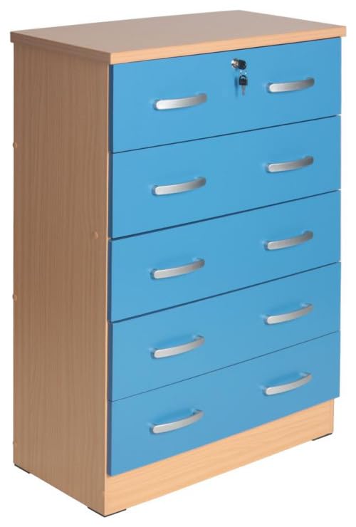 Go Green Woods Cindy 5-Drawer Wooden Dresser with Lock - Solid Wood Chest of Drawers for Bedroom Storage, Blue - Perfect for Kids Room, Nursery, or Guest Bedroom Organization