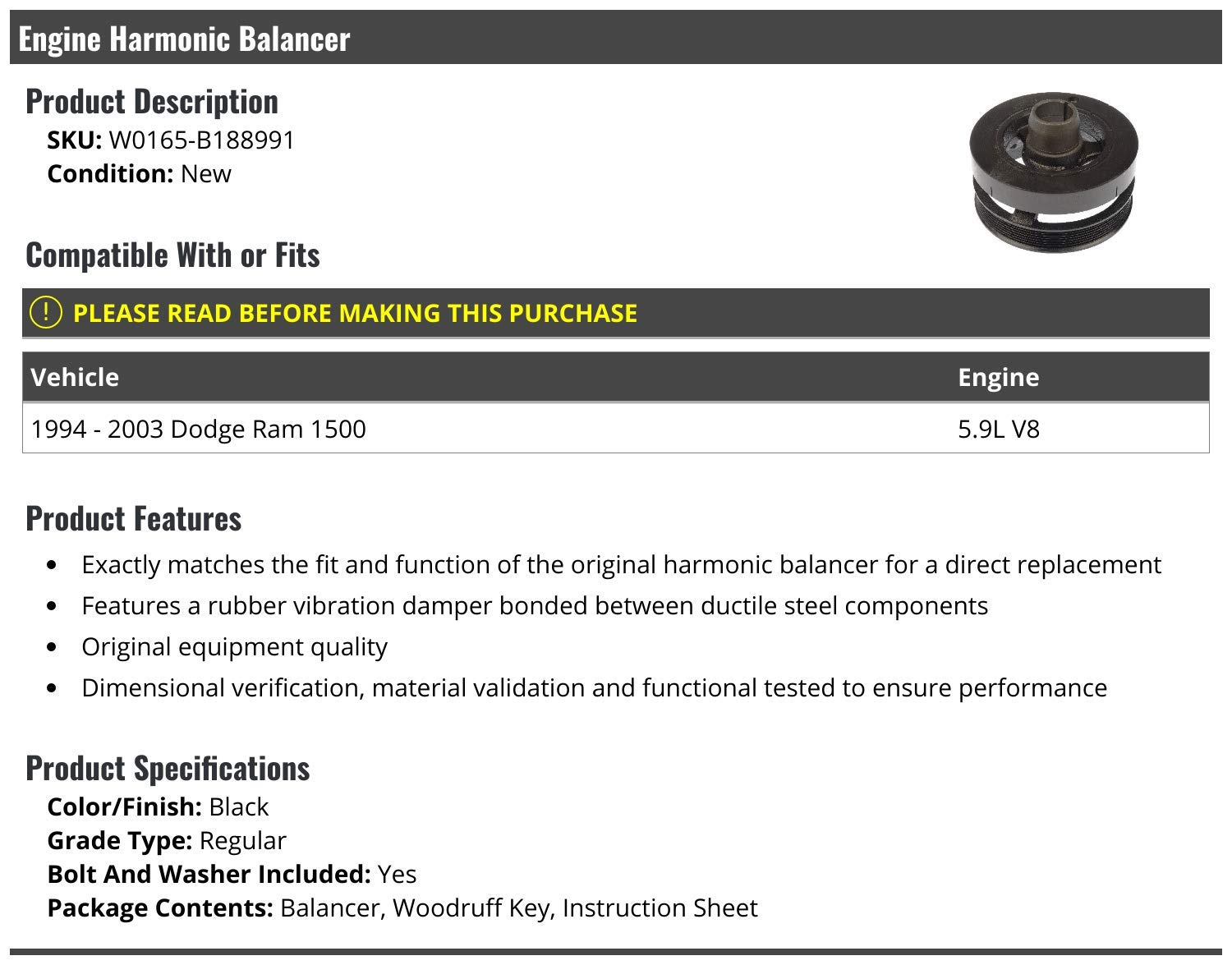 1994-2003 Dodge Ram 1500 5.9L V8 Engine Harmonic Balancer - Replacement Crankshaft Pulley Damper for Smooth Performance - Ideal for Off-Roading, Towing & Daily Driving