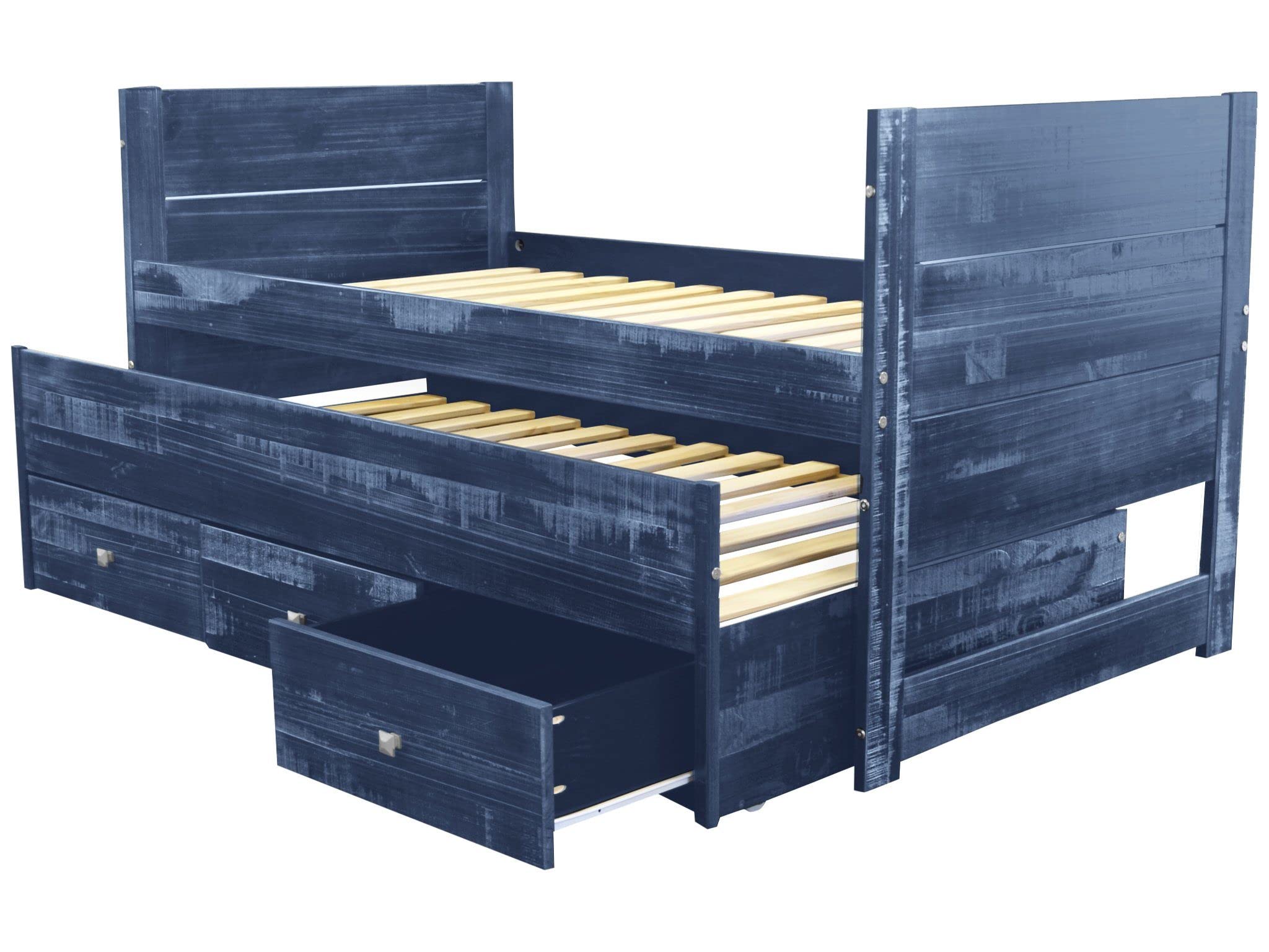 Bedz King All-in-One Twin Bed with Twin Trundle & 3 Built-In Drawers in Weathered Blue - Perfect for Kids' Rooms, Guest Bedrooms & Small Space Living