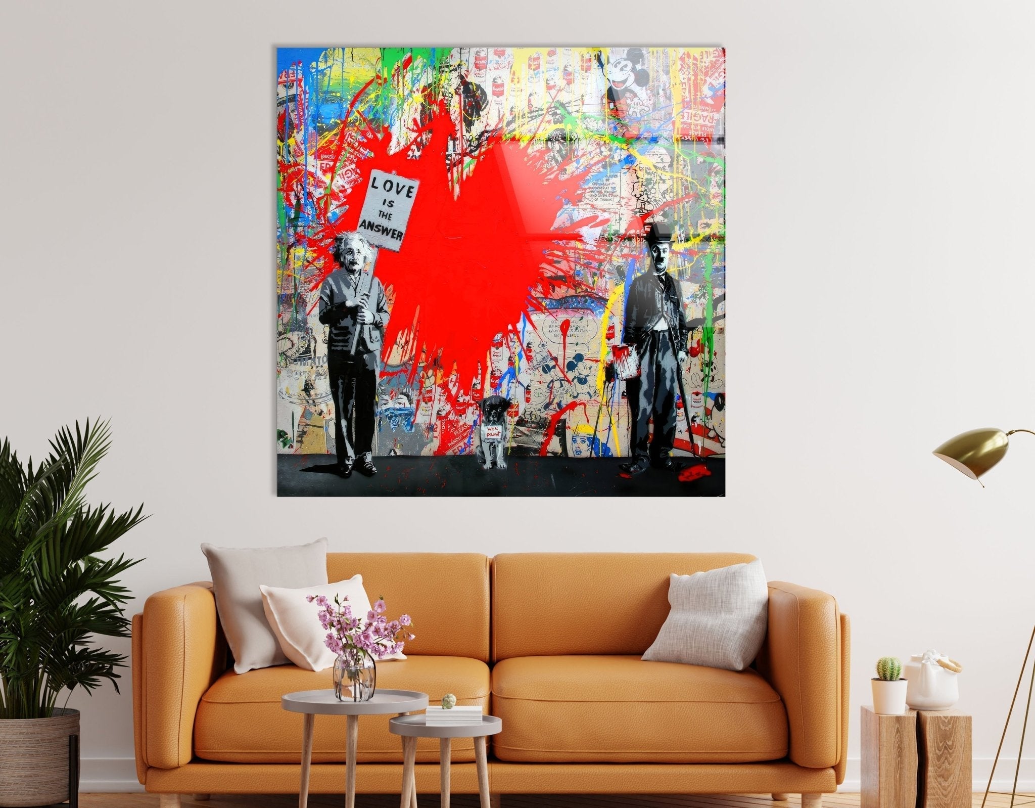 Banksy Einstein Love is the Answer Glass Wall Art - Modern Home Decor for Living Room, Bedroom & Office