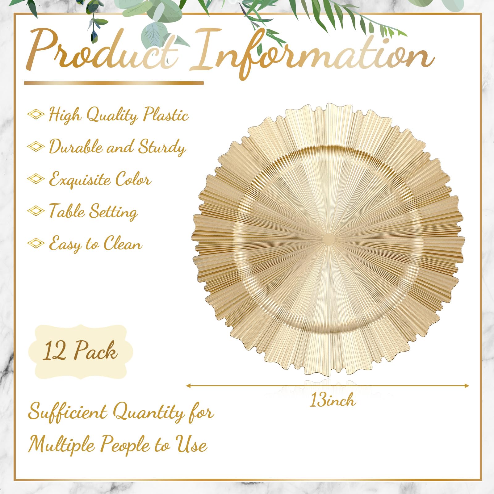 50 Pcs Gold Charger Plates Bulk - 13 Inch Round Plastic Dinner Plates with Fluted Edge for Wedding, Party & Event Table Decor (Light Gold) - Elegant Table Setting for Wedding Receptions, Banquets & Special Occasions