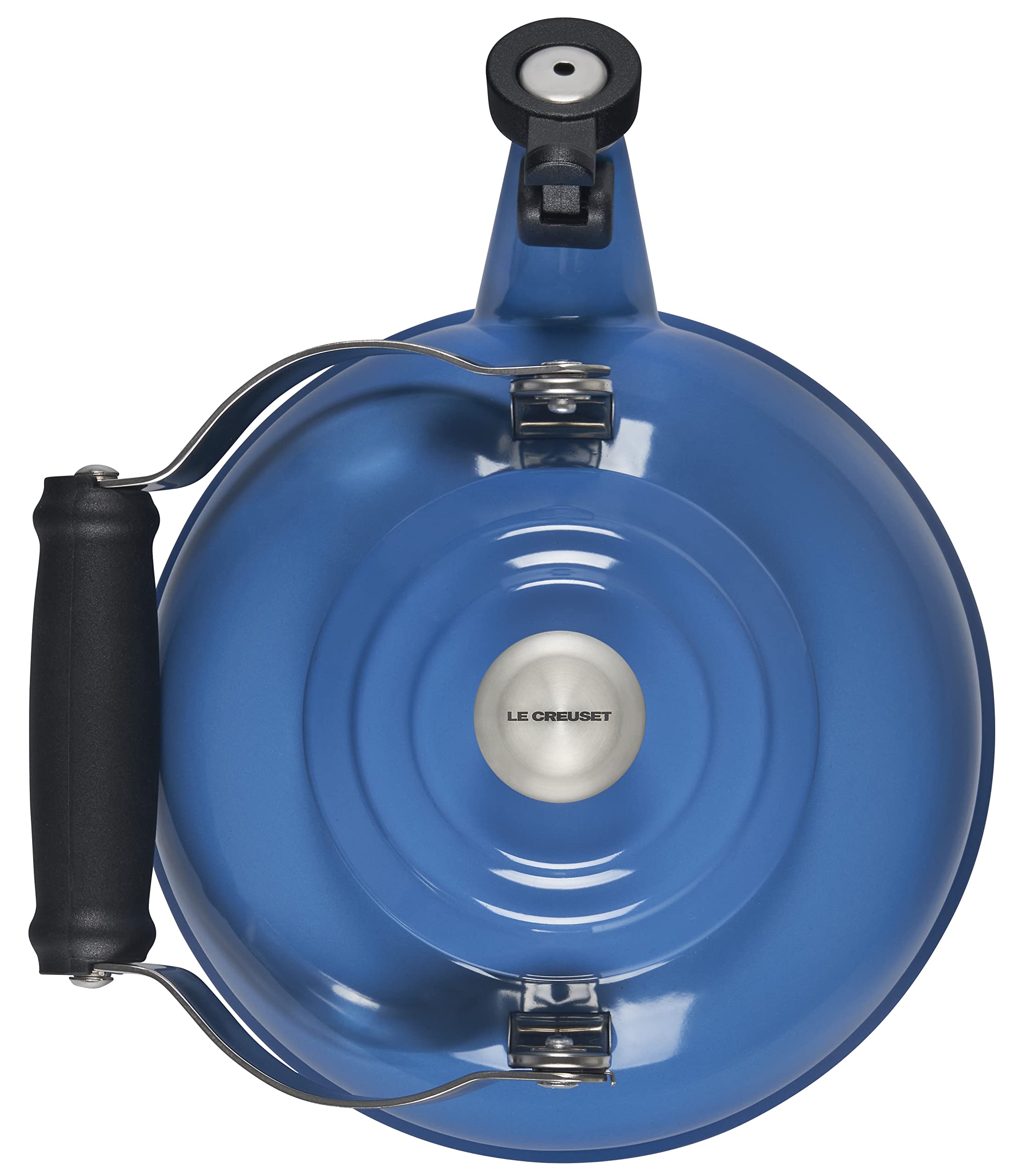 Le Creuset Enameled Steel Whistling Tea Kettle 1.7 Quart - Classic Marseille Blue with Metal Handle - Perfect for Stovetop Brewing & Kitchen Decor