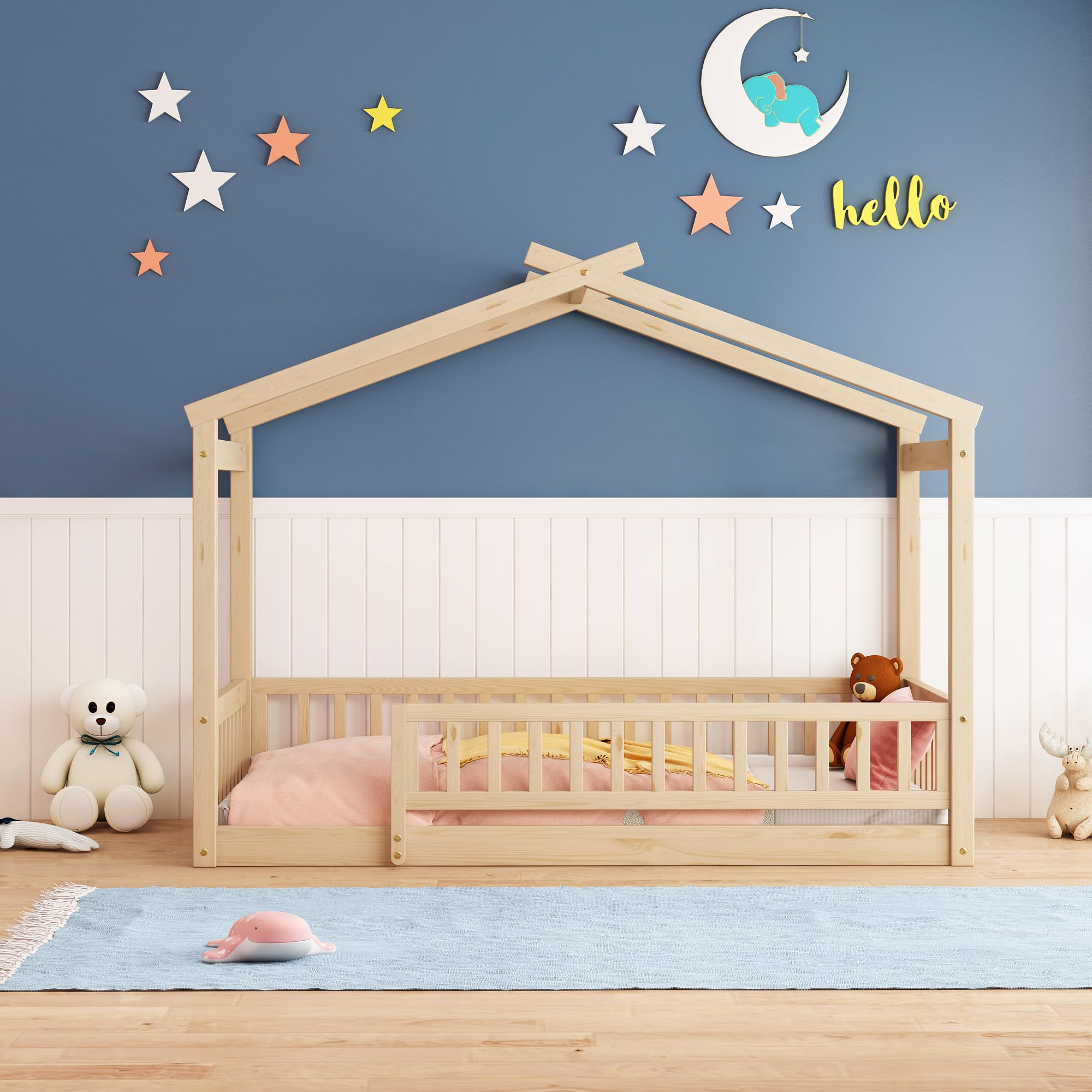 Montessori Twin Size Floor Bed for Kids - Wooden Bed Frame with Safety Fence Railing for Boys & Girls - No Box Spring Needed - Natural Finish - Perfect for Toddler Rooms & Montessori Classrooms