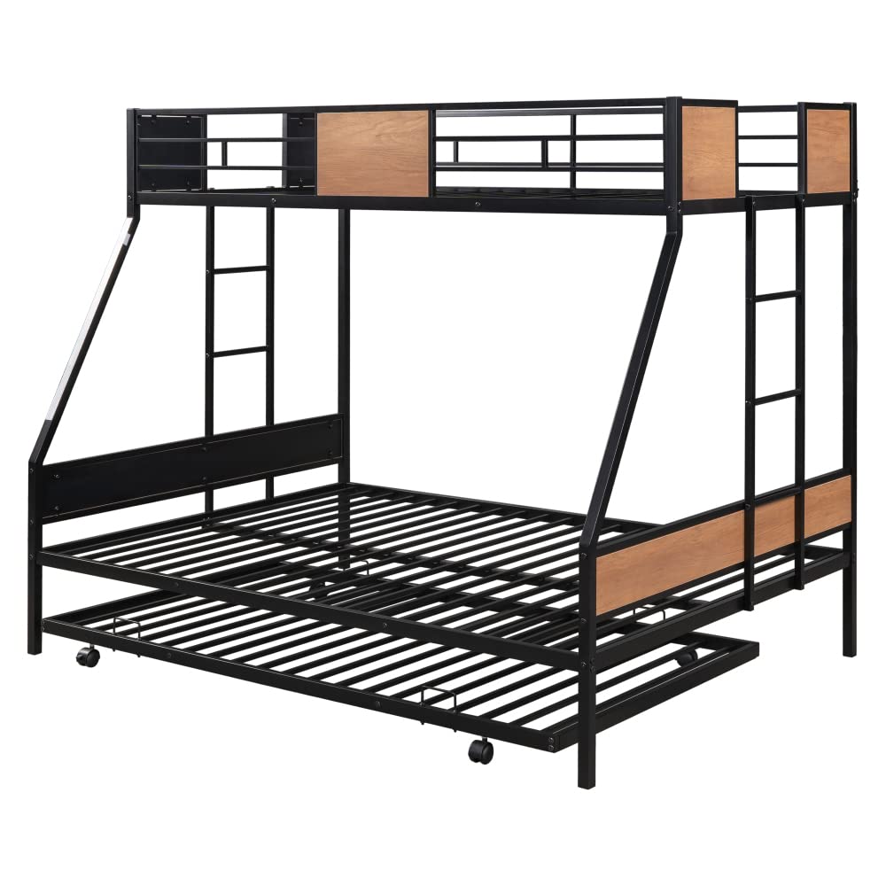 Metal Twin Over Full Bunk Bed with Trundle - Wooden Safety Guardrails & Dual Ladders - Space-Saving Black Bed Frame for Kids, Teens & Guest Rooms - Perfect for Small Bedrooms, Dorms & Vacation Homes