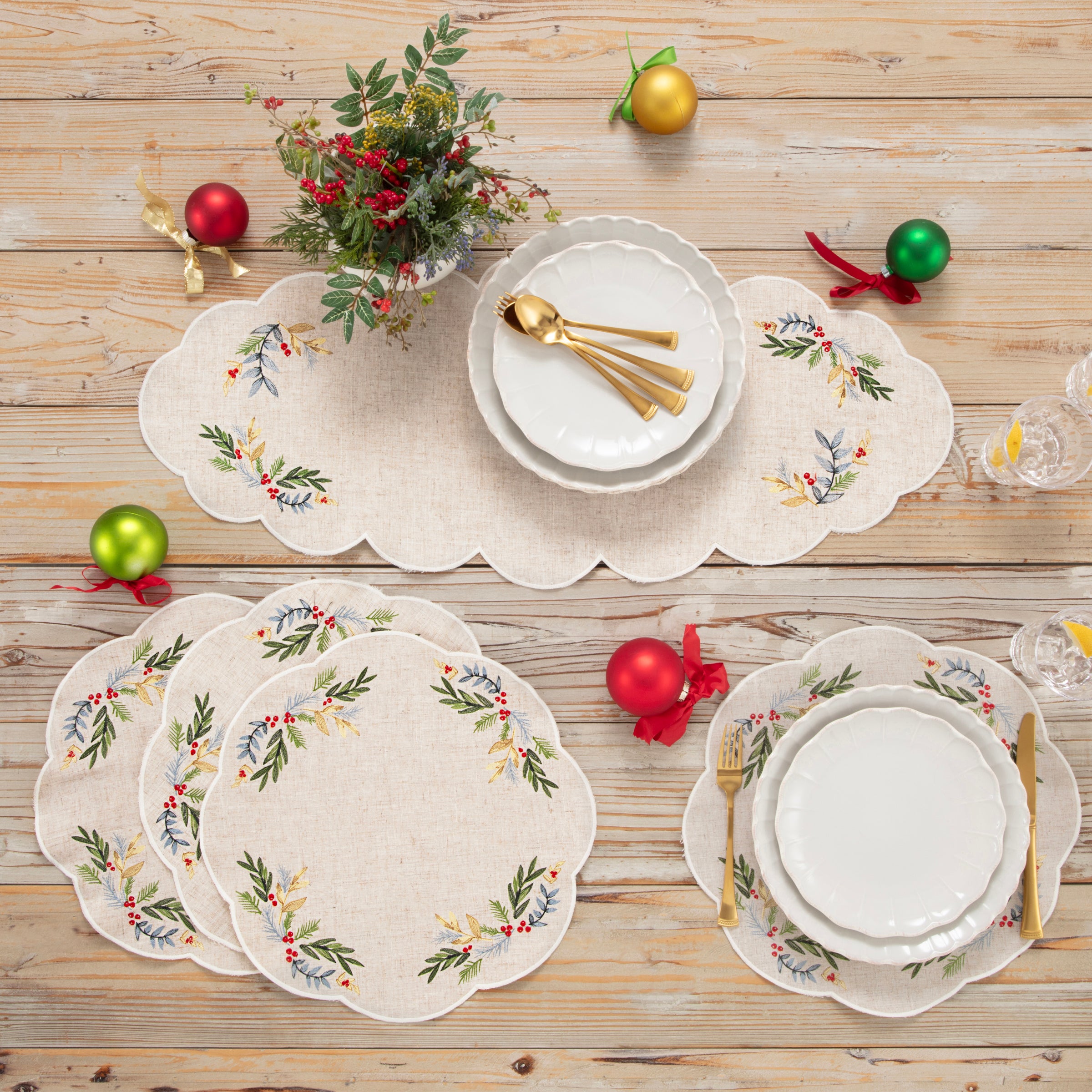 French Perle Holly Embroidered Placemats Set of 4 - Elegant Holiday Table Decor for Christmas Dinner & Festive Gatherings