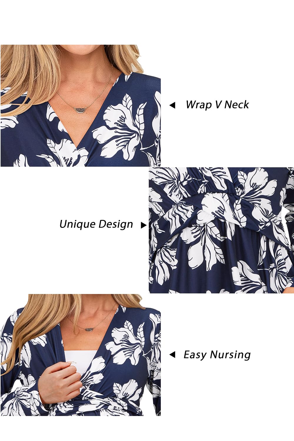 OUGES 2023 Women's Long Sleeve Maternity Nursing Shirts - Wrap Tops V Neck Pregnancy Blouse & Tunics for Breastfeeding Moms | Comfortable Nursing Clothes for Work, Outings & Daily Wear