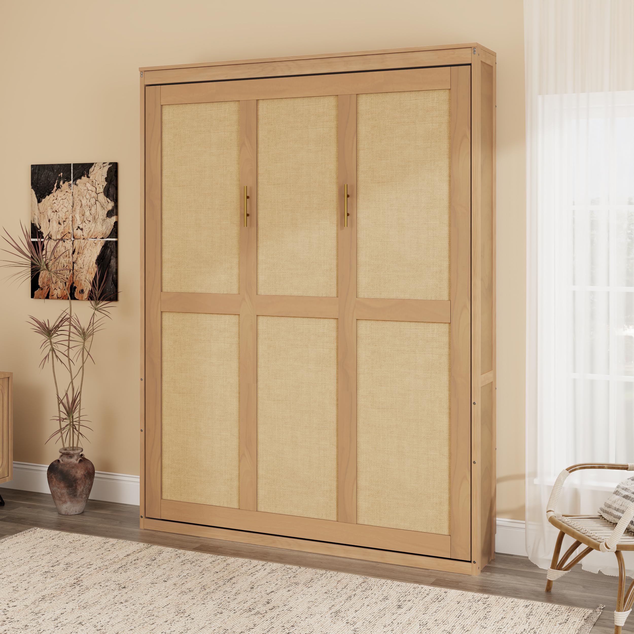 HABITRIO Full Size Murphy Bed with Solid Wood Frame and Rattan Cabinet - Space Saving Wall Bed for Guest Room, Home Office, or Small Apartments - Natural Finish