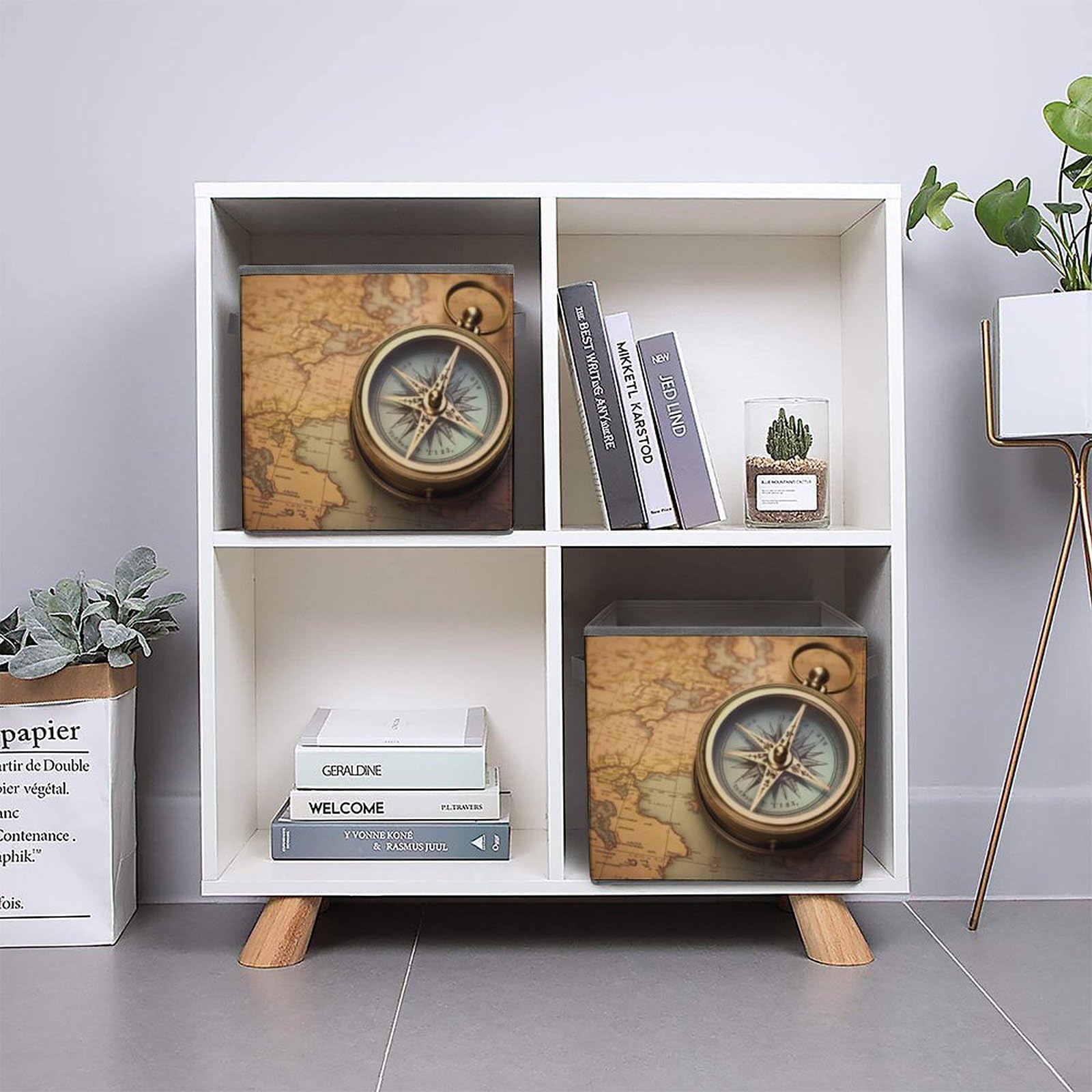 Collapsible Storage Cubes with Handles - 10.6×10.6 Inch Foldable Fabric Bins for Home Organization | Old Compass Design | Perfect for Closet, Nursery, Office & Laundry Room Storage