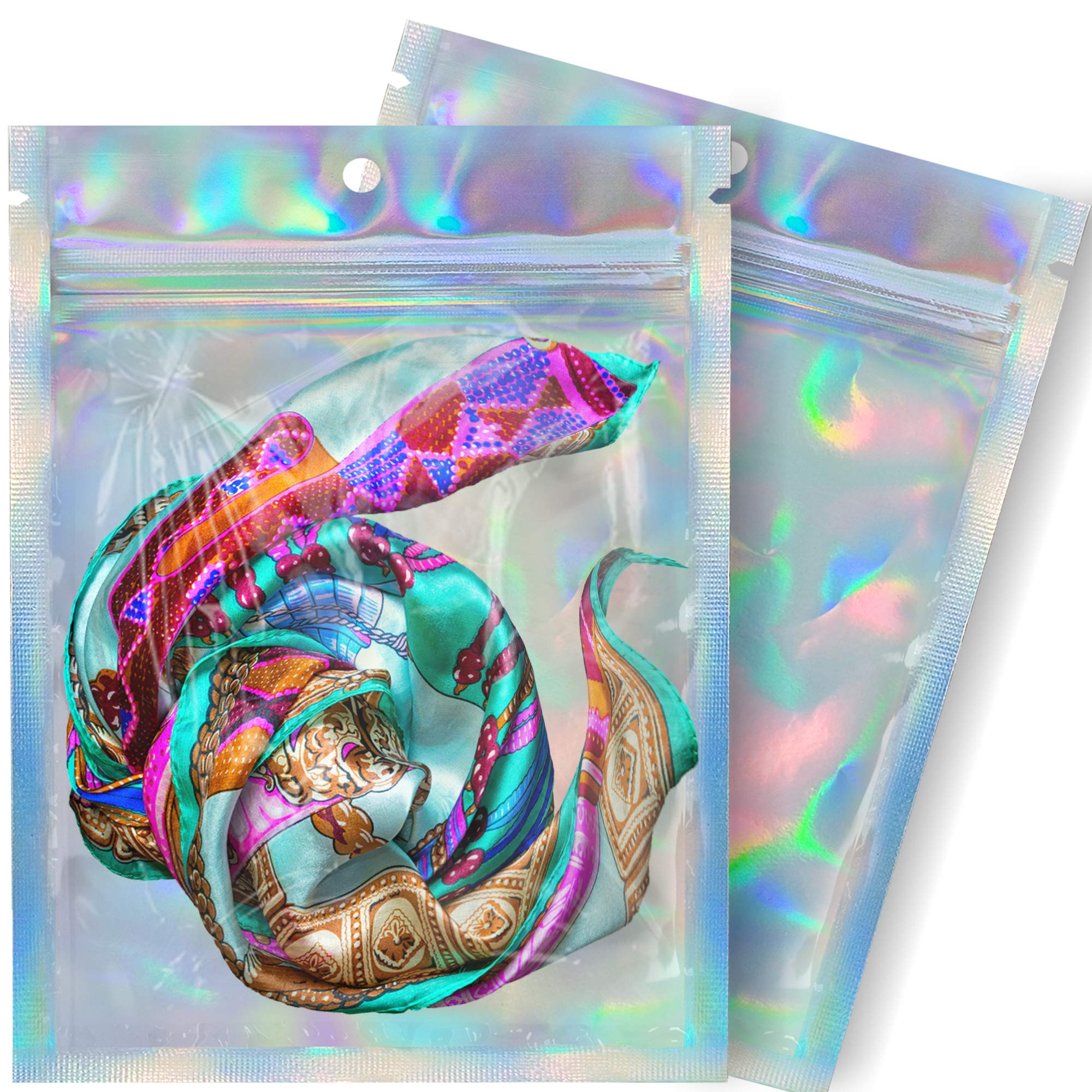 50 Pcs 6x8 Inches Holographic Resealable Bags - Reusable Smell Proof Packaging Bags for Food Storage, Eye Lashes & More - Perfect for Travel, Parties & Organizing Small Items