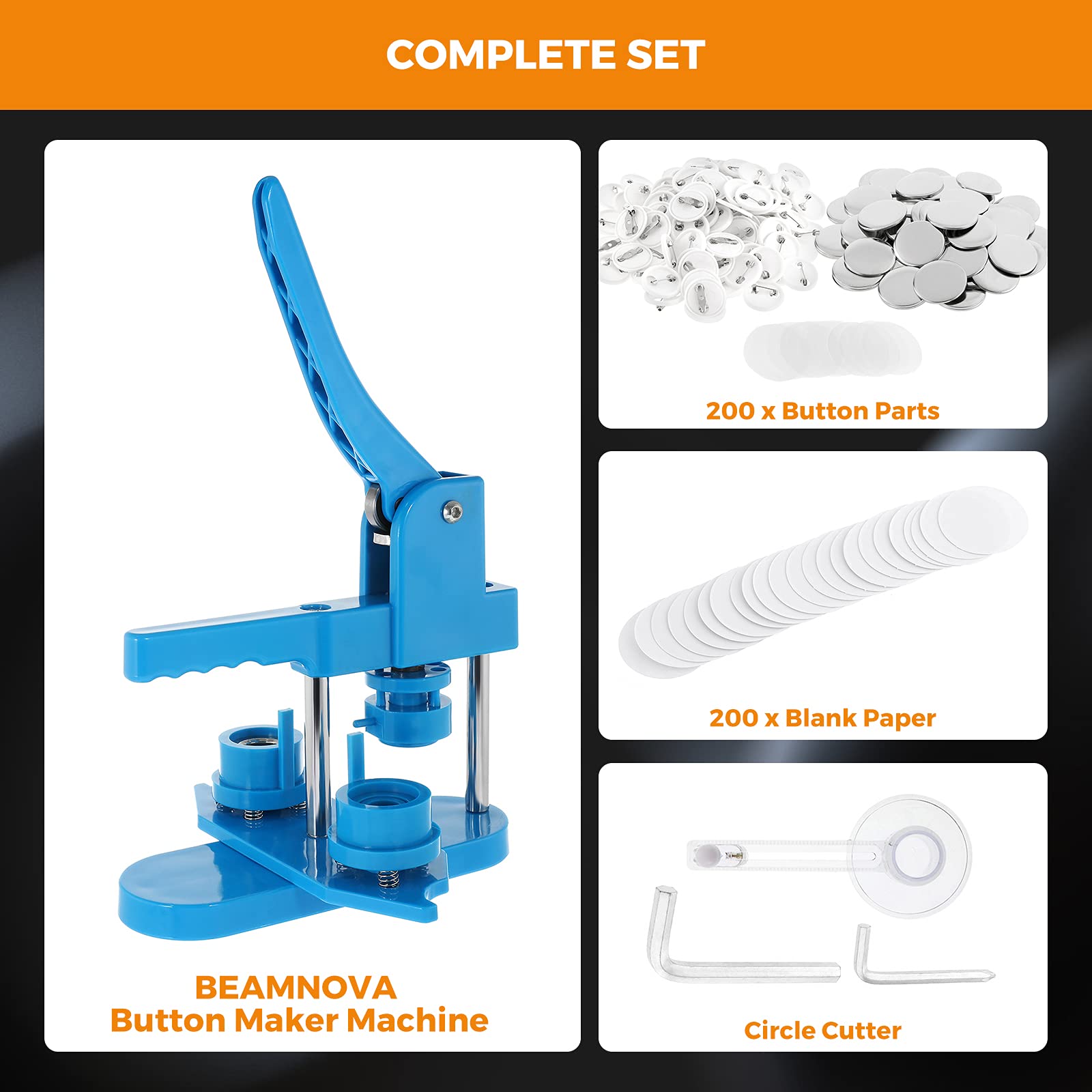 BEAMNOVA 1 Inch Button Maker Machine Kit - 25mm Round Pin Badge Maker with 200 Button Parts & Rotary Press - DIY Custom Buttons for Crafts, Events, Promotions (Blue) - Perfect for School Projects, Fundraisers, and Personalized Gifts