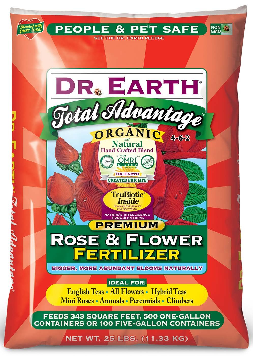 Dr. Earth Total Advantage Organic Rose & Flower Fertilizer - 25 lb Bag for Healthy Blooms | Perfect for Garden Roses, Flower Beds & Landscaping