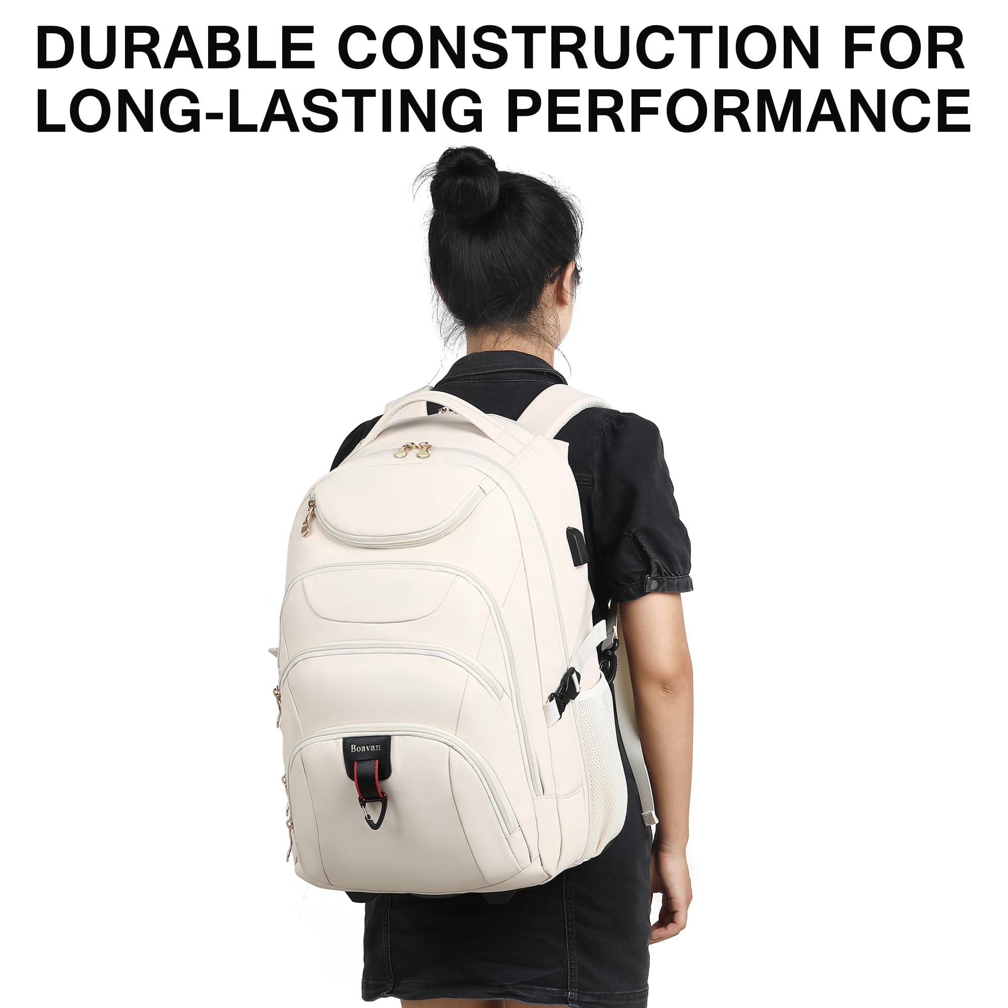 Boavan 17.3 Inch Rolling Backpack for Women - Wheeled Laptop Backpack with USB Charging Port, Waterproof Travel Carry-On Bag for College Students & Teachers, Business Overnight Luggage for Airplane (Beige) - Perfect for School, Work Commute & Business Trips