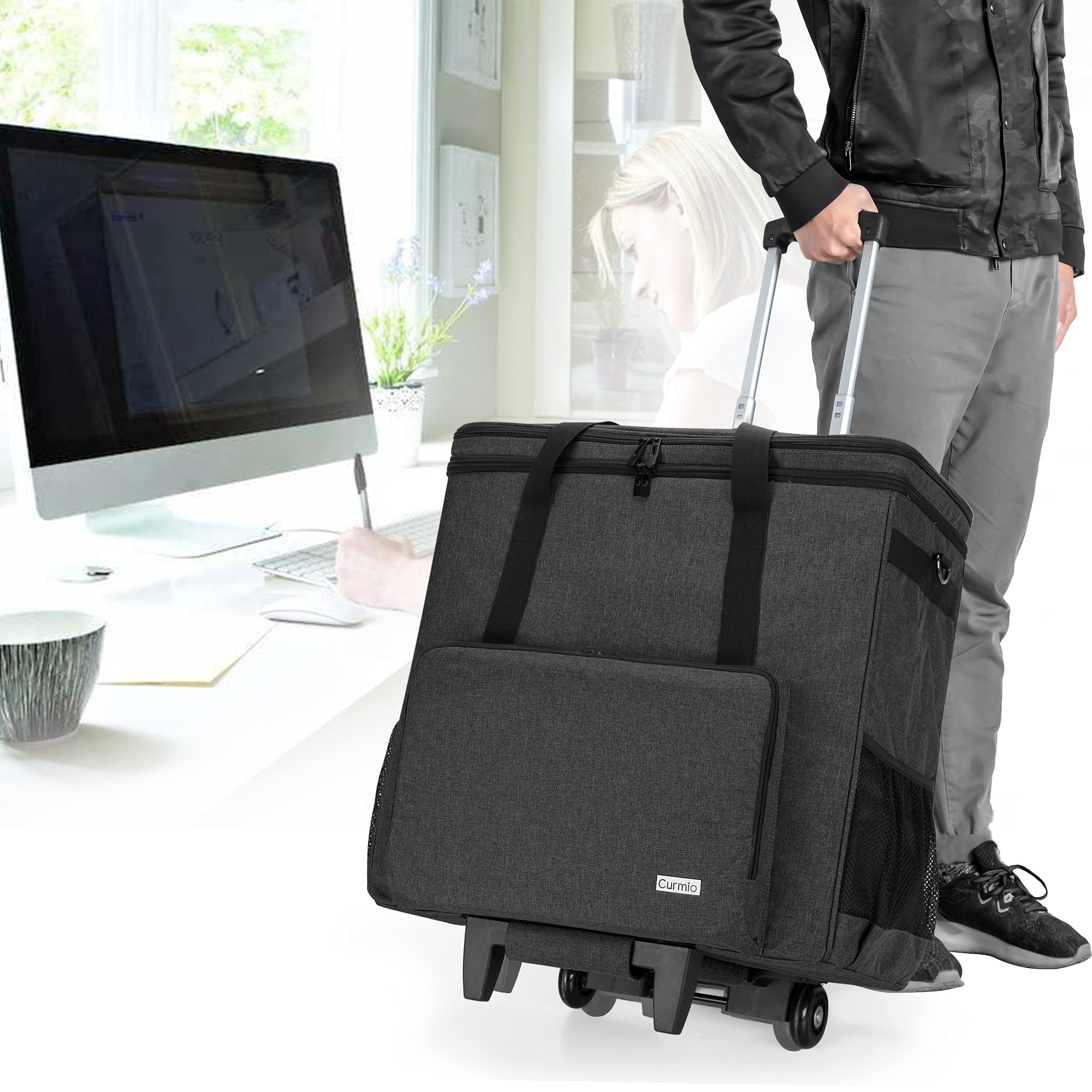 CURMIO Rolling Desktop Computer Travel Bag with Wheels - Double Layer PC Tower Carrying Case with Detachable Dolly for PC Chassis, Keyboard & Mouse - Patented Design for Office, Gaming & Business Travel