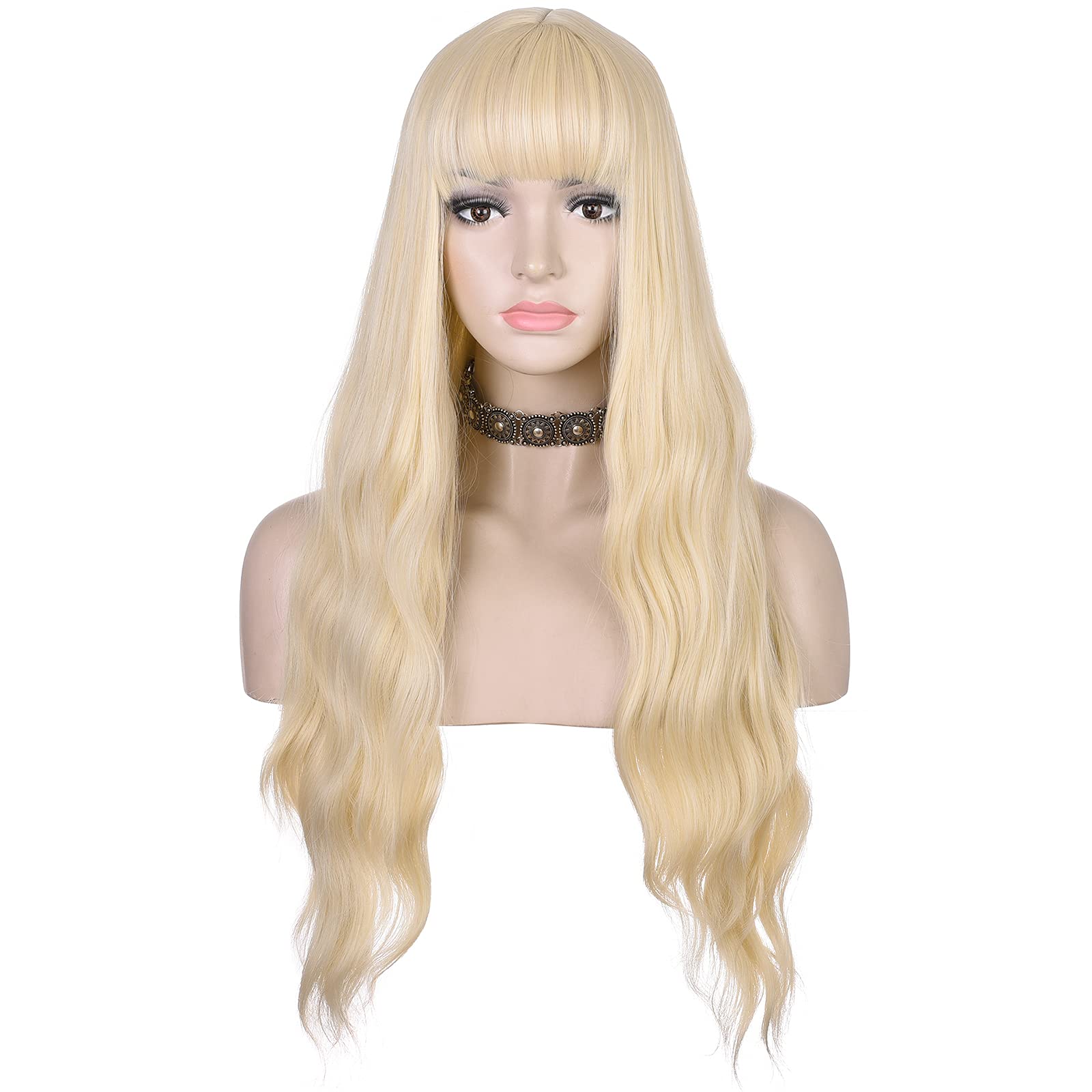 Long Wavy Wig with Bangs for Women - Heat Resistant Synthetic Hair Wig - Blonde Ombre Style - Perfect for Daily Wear, Cosplay & Costume Parties