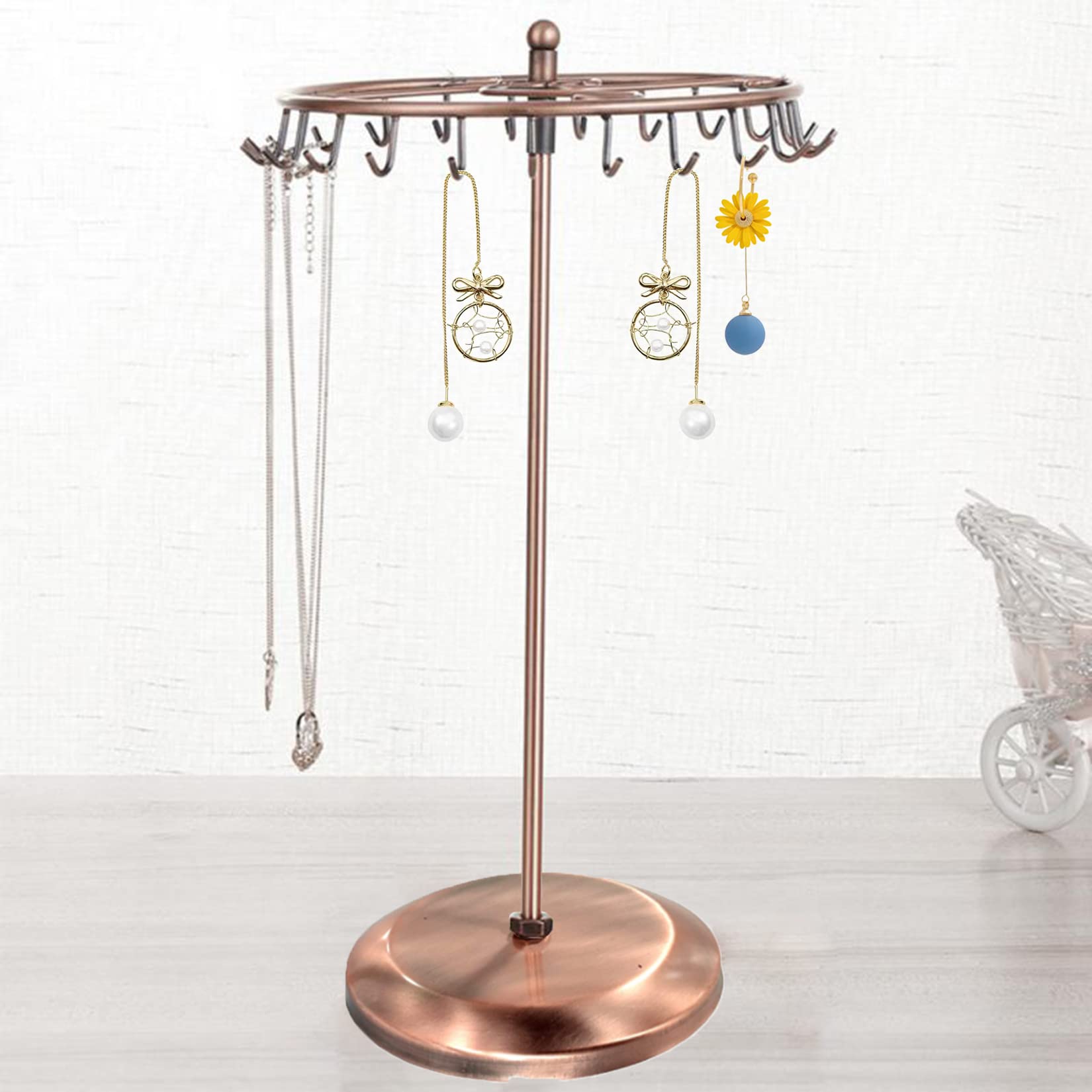 Rotating Necklace Holder Jewelry Organizer Display Stand - 14 Inch with 23 Hooks, Copper Finish - Perfect for Bedroom, Bathroom & Closet Organization
