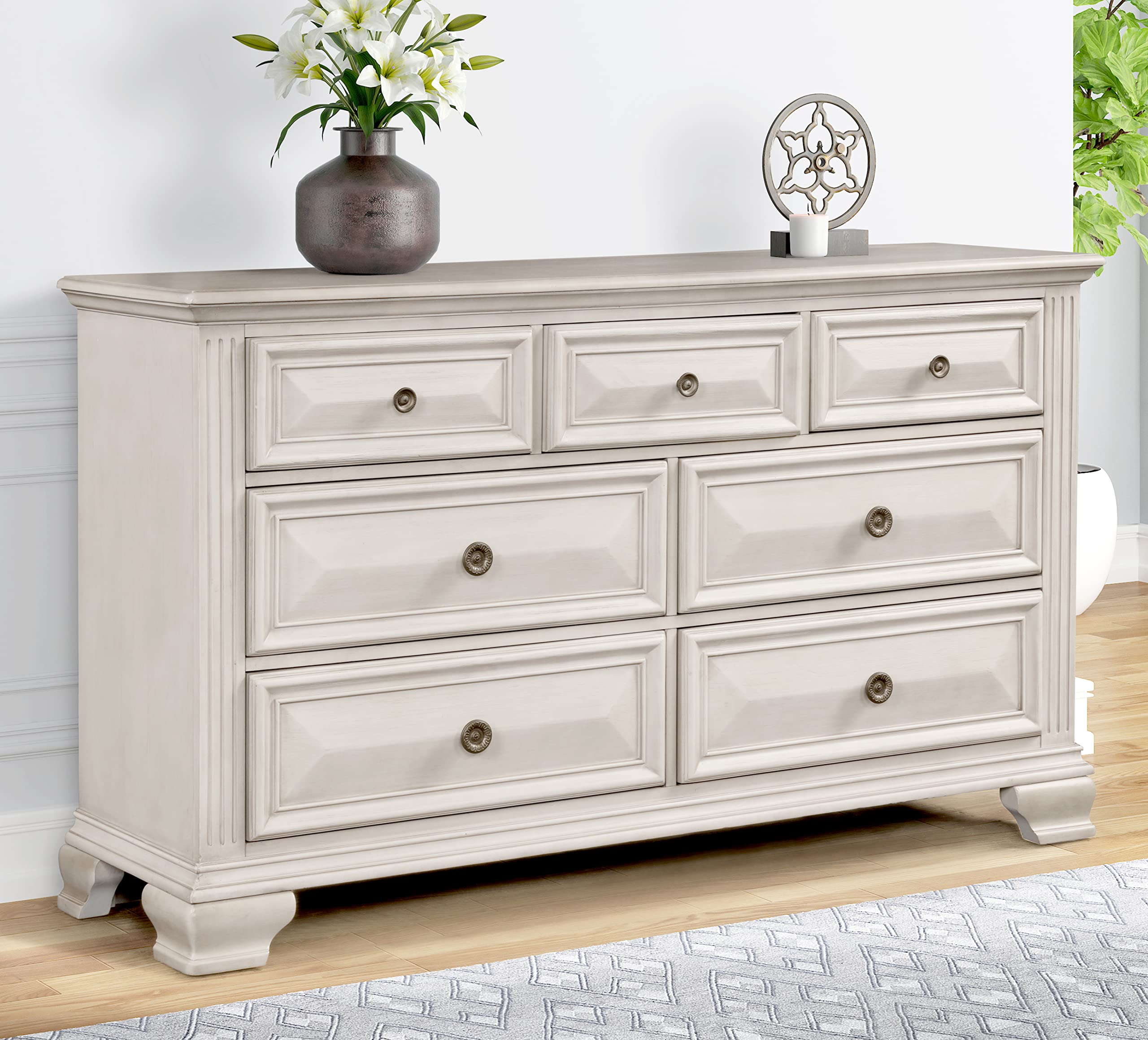 Roundhill Furniture Renova Wood Queen Bedroom Set - Distressed Parchment Panel Bed with Dresser, Mirror & 2 Nightstands | Complete Bedroom Furniture for Master Bedroom, Guest Room & Apartment