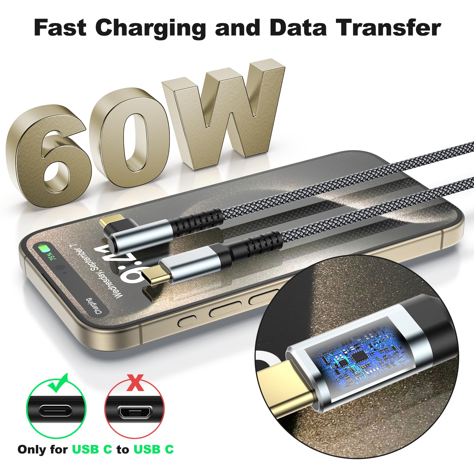 60W USB C to USB C Fast Charging Cable [10ft/3 Pack] - Braided Type C Charger with Right Angle for iPhone 16/16 Plus/16 Pro Max/15/15 Plus/15 Pro Max, MacBook Pro, iPad, Samsung S24 - Perfect for Home, Office & Travel Charging