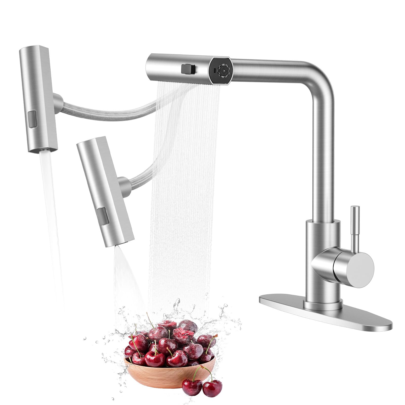 IVIGA Brushed Nickel Pull Down Kitchen Faucet with 3 Spray Modes (Waterfall/Stream/Sweep) - Splash Proof Swivel Waterfall Sink Faucet for Washing Vegetables, Fruits & Dishes - Perfect for Modern Kitchens & Food Prep Stations
