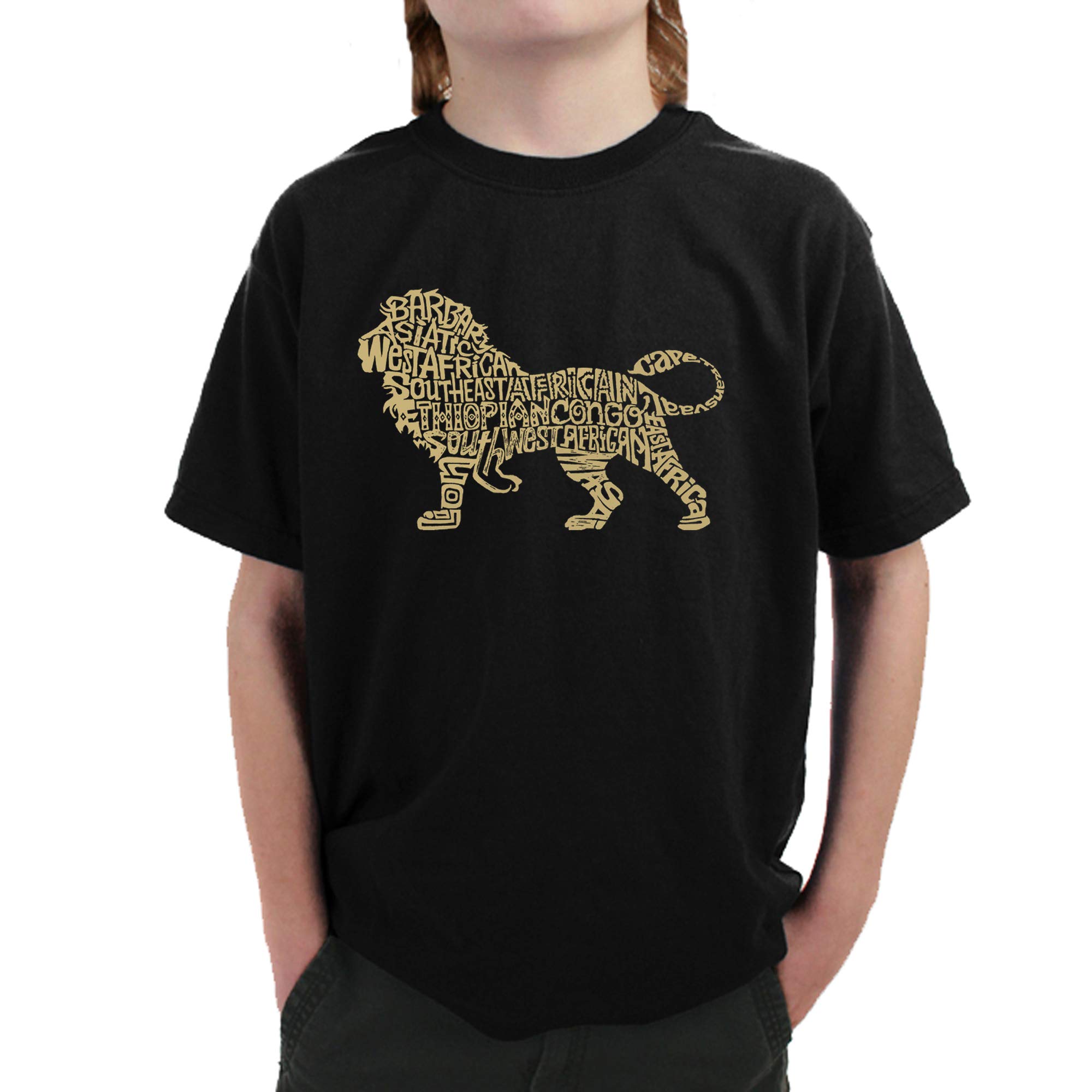 LA POP ART Boys' Lion Word Art Graphic T-Shirt - Cool Animal Print Tee for Kids, Trendy Casual Wear for School & Play