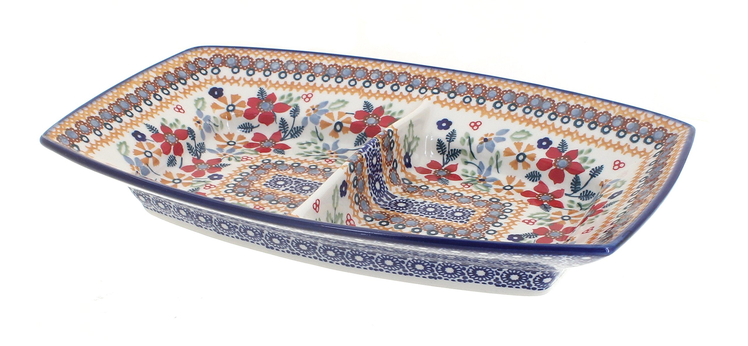 Blue Rose Polish Pottery Red Daisy Divided Serving Dish - Handmade Ceramic Appetizer Plate for Cheese, Crackers & Desserts - Perfect for Parties, Weddings & Home Decor