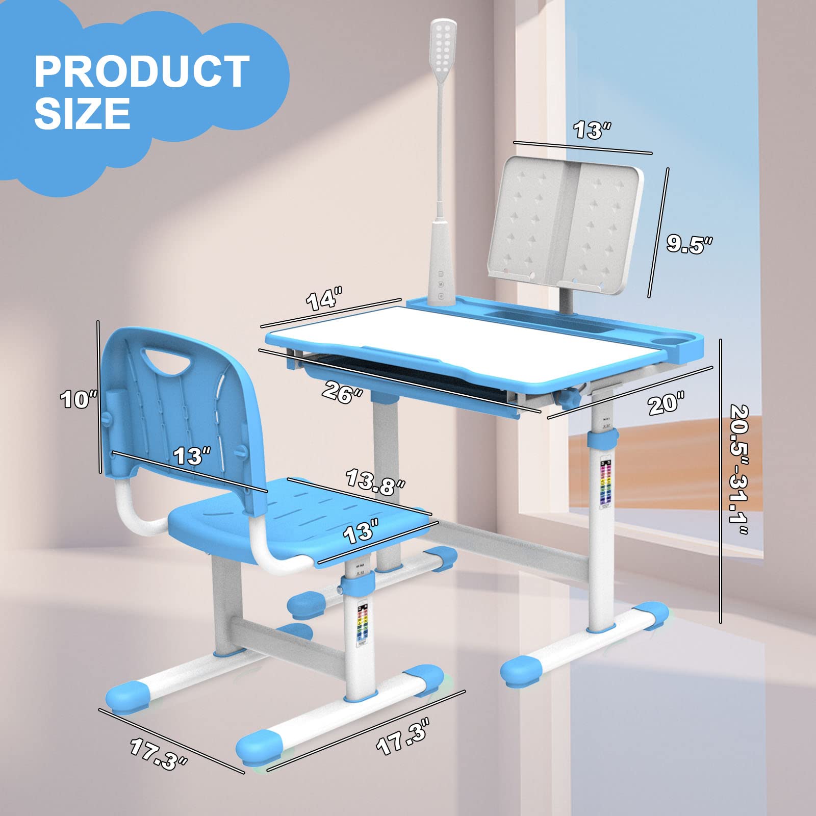 BELANITAS Adjustable Kids Desk and Chair Set - Ergonomic Study Desk with 3-Level Lighting, 40° Tiltable Tabletop & Height Adjustable for Children - Perfect Back to School Gift (Blue) - Ideal for Homework, Drawing & Online Learning at Home