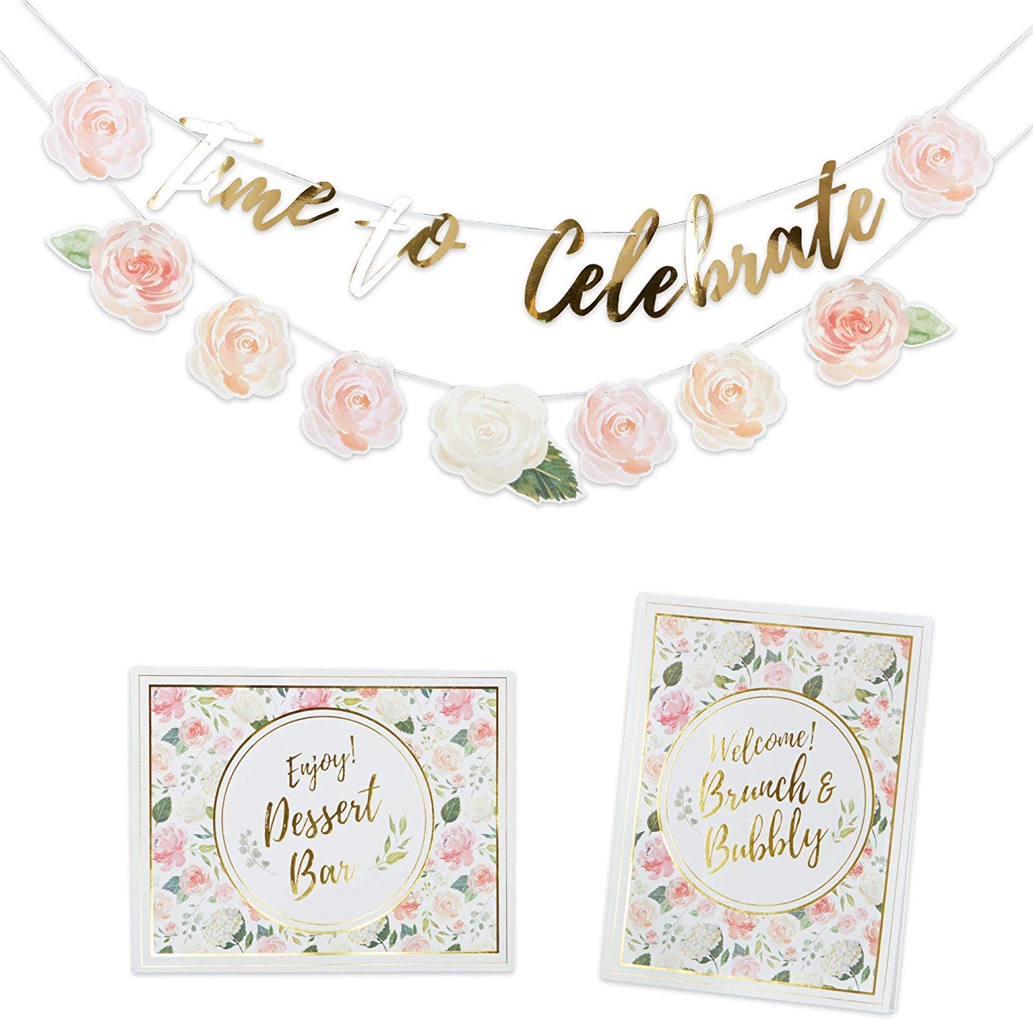 Kate Aspen Floral Brunch Decor Kit - Gold Foil Party Supplies with Banner & Sign for Tea Party, Wedding, Bridal Shower | Perfect for Birthday Celebrations, Baby Showers & Bridal Events