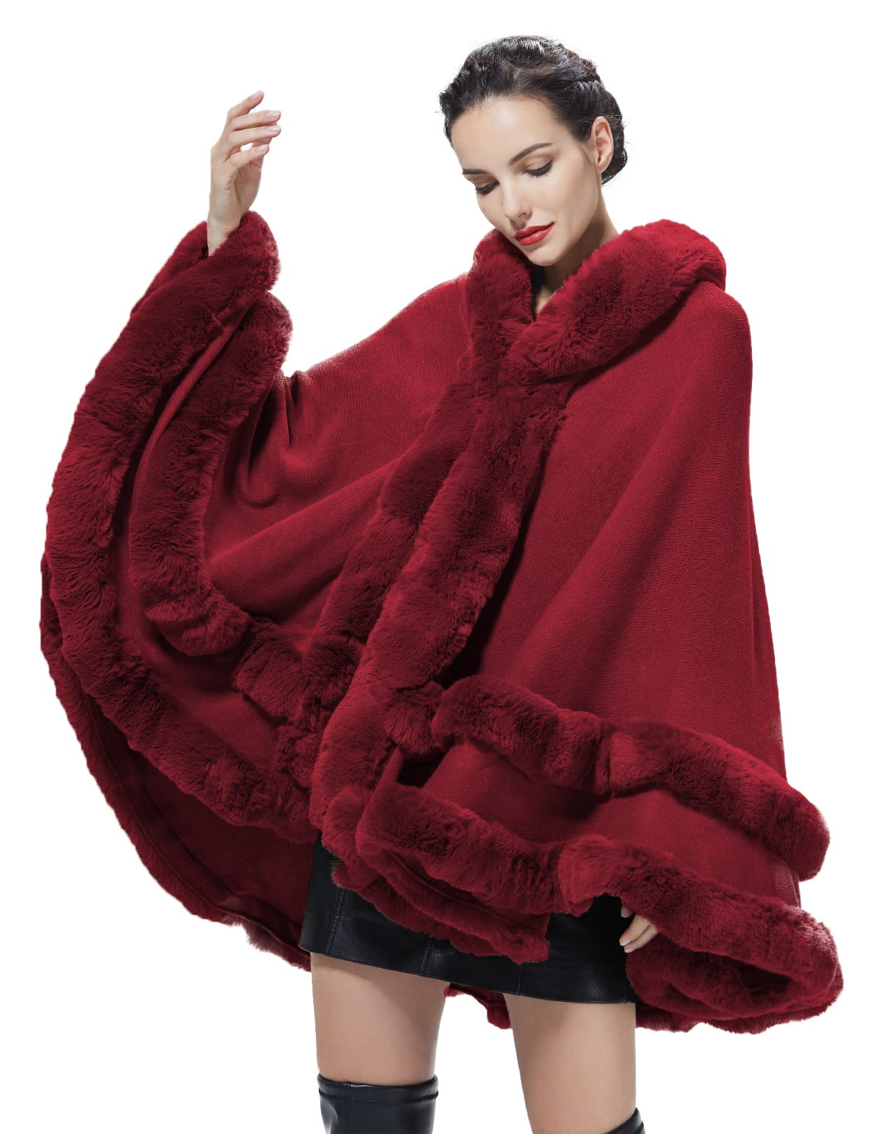 Women's Hooded Poncho Cape - Faux Fur Shawl Wrap with Fur Trim, Sleeveless Cardigan Cloak for Dressy Fashion Tops & Winter Coats | Perfect for Parties, Weddings & Cold Weather Layering