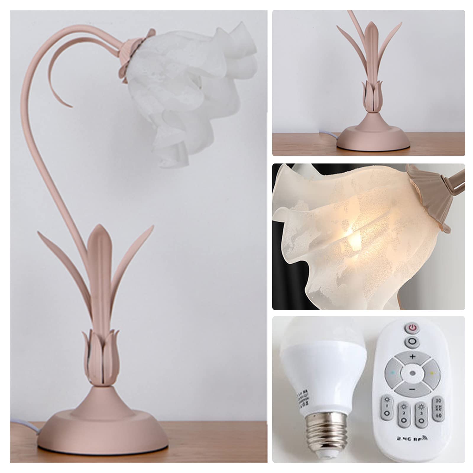 Creative Glass Table Lamp - Modern Simple Style Flower White & Pink Petal Glass Table Lamp with Dimmable LED, Bedside Nightstand Lamp for Bedroom, Living Room, Office Decor