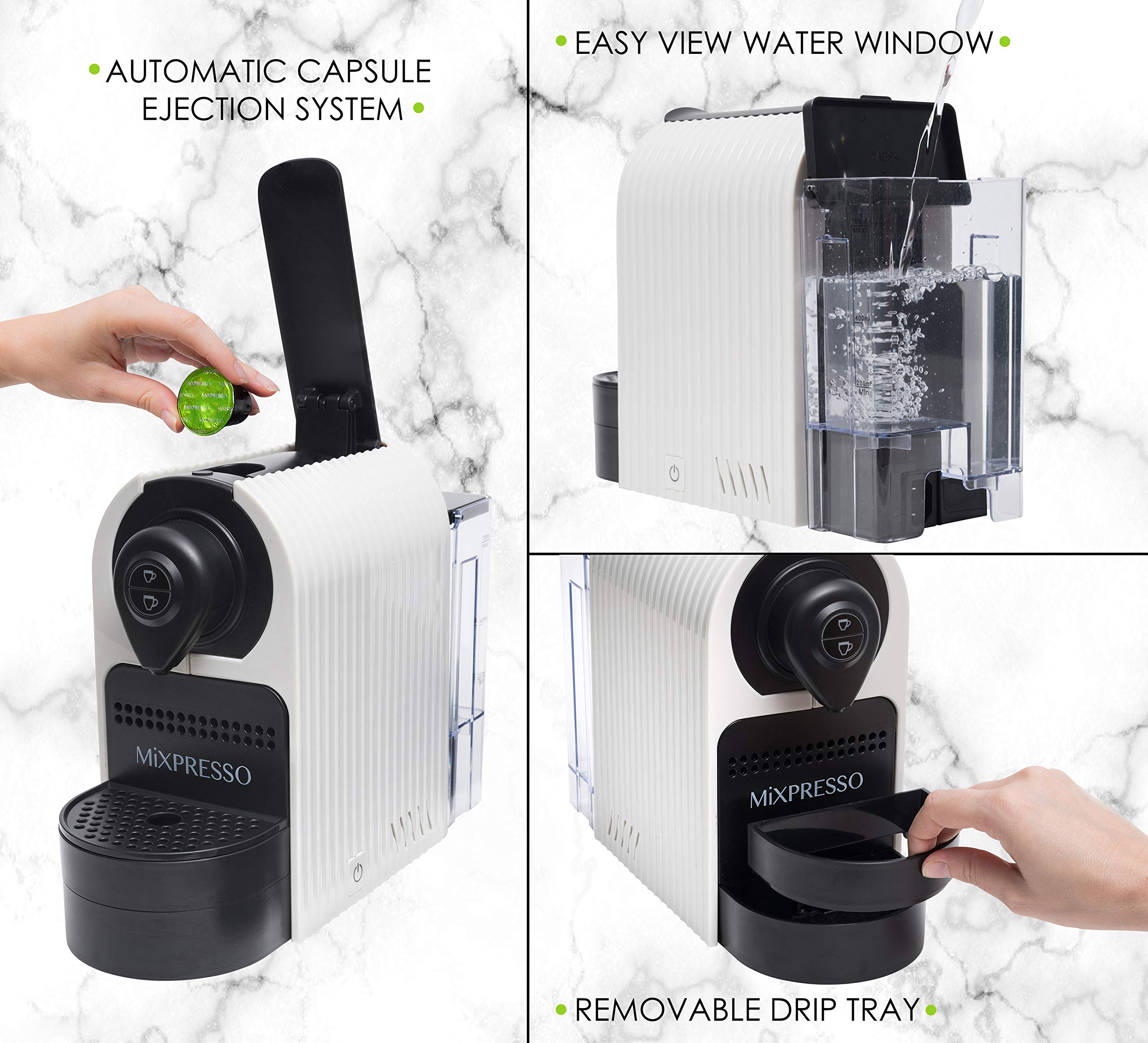 Mixpresso Espresso Machine for Nespresso Compatible Capsules - 19 Bar Italian Coffee Maker with Programmable Single Serve & 1400W Pump (27oz, White) - Perfect for Home, Office or Small Cafe Use