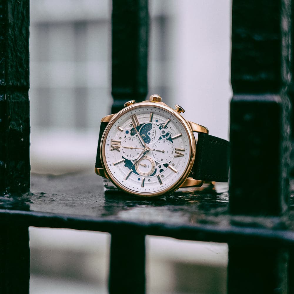 ARIES GOLD BELFAST Moon G 7013 RG Men's Leather Strap Watch - Luxury Chronograph for Business, Casual & Formal Occasions