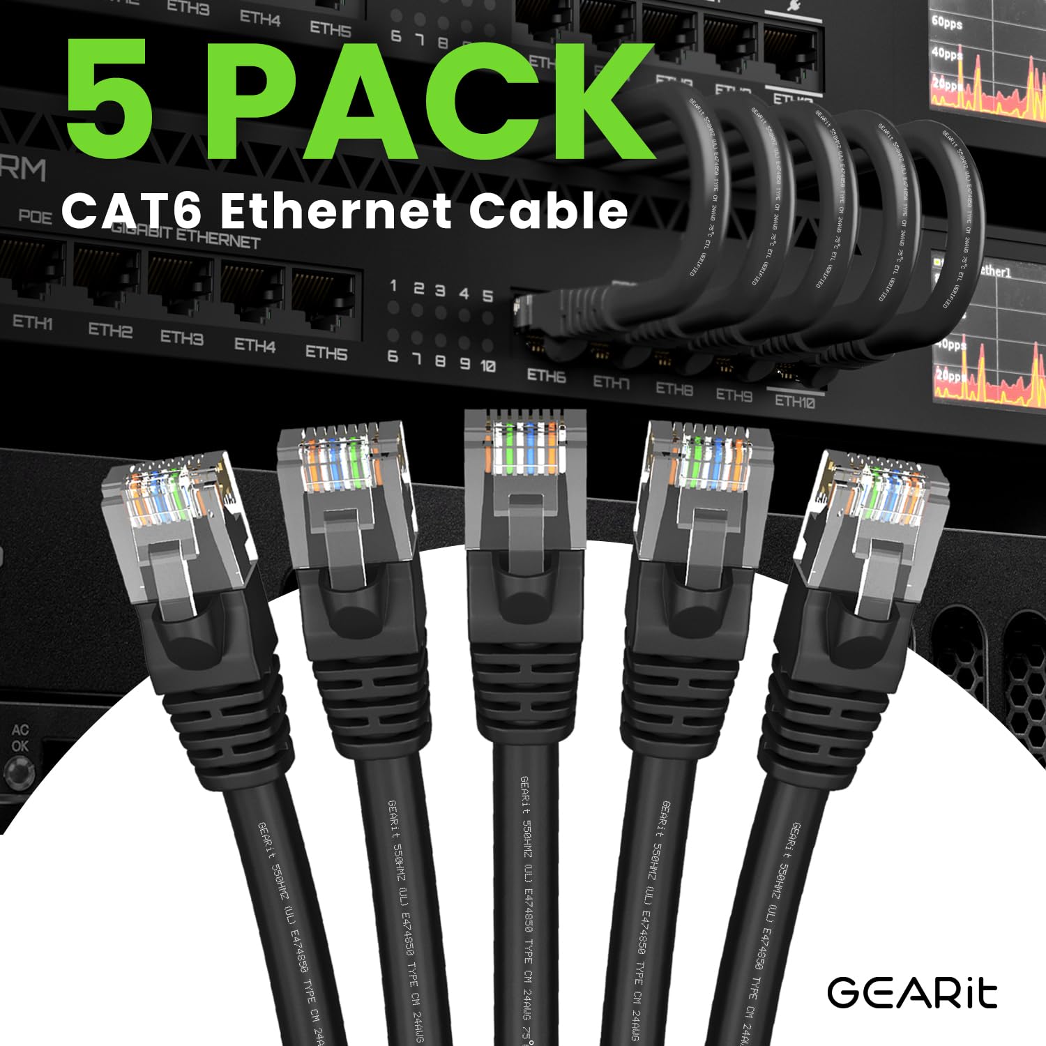 GearIT Cat 6 Ethernet Cable 5-Pack (100 Feet Each) - 10Gbps High-Speed Snagless RJ45 Network Patch Cord with Gold-Plated Connectors - Ideal for PC, Gaming, Smart TV, Home Office, Router, Printer & Data Center - Black